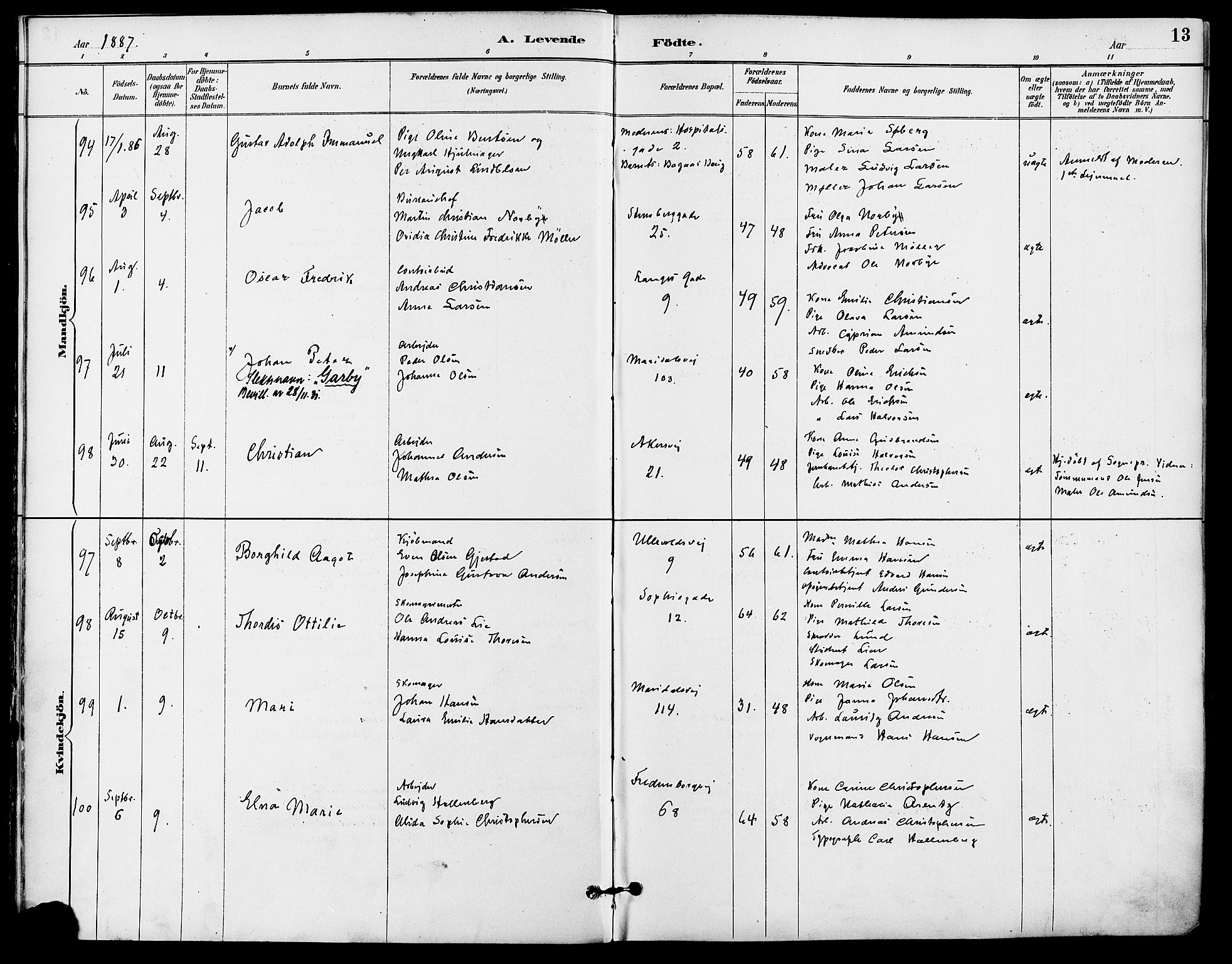 Gamle Aker prestekontor Kirkebøker, AV/SAO-A-10617a/F/L0008: Parish register (official) no. 8, 1887-1896, p. 13