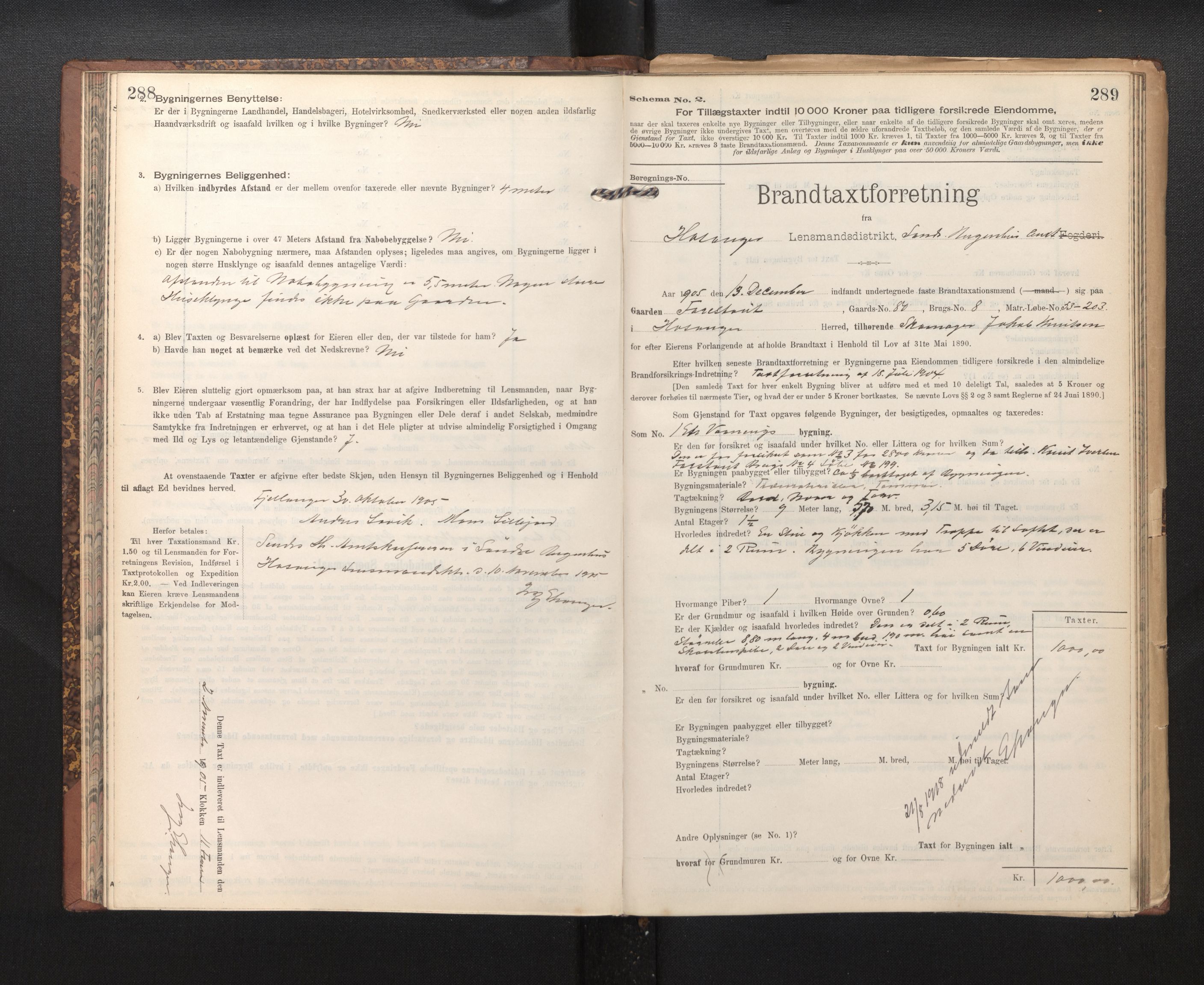 Lensmannen i Hosanger, AV/SAB-A-33001/0012/L0005: Branntakstprotokoll, skjematakst, 1905-1916, p. 288-289