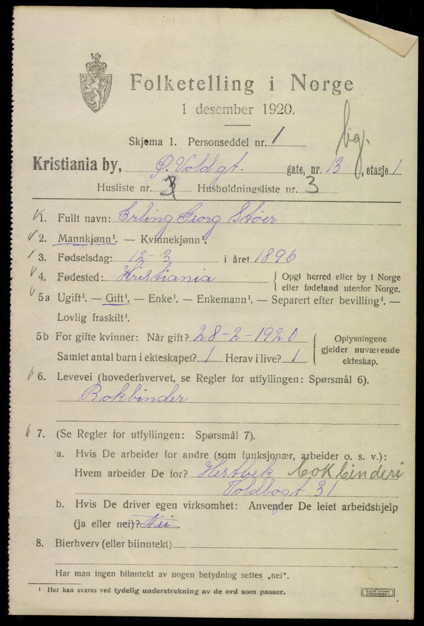 SAO, 1920 census for Kristiania, 1920, p. 658847