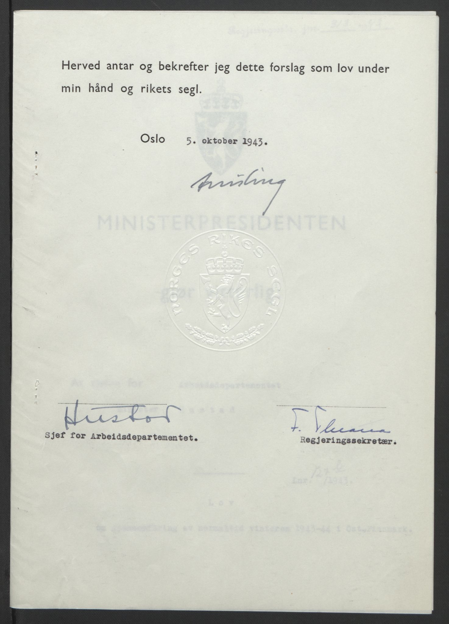 NS-administrasjonen 1940-1945 (Statsrådsekretariatet, de kommisariske statsråder mm), RA/S-4279/D/Db/L0099: Lover, 1943, p. 598