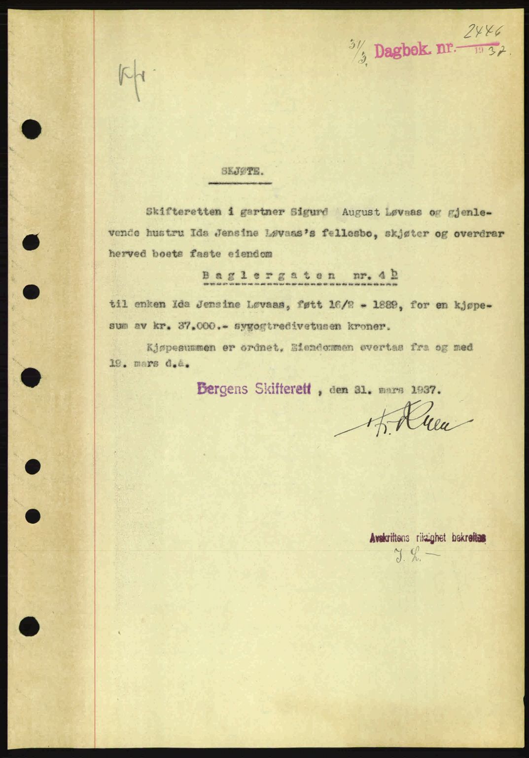 Byfogd og Byskriver i Bergen, SAB/A-3401/03/03Bc/L0004: Mortgage book no. A3-4, 1936-1937, Diary no: : 2446/1937