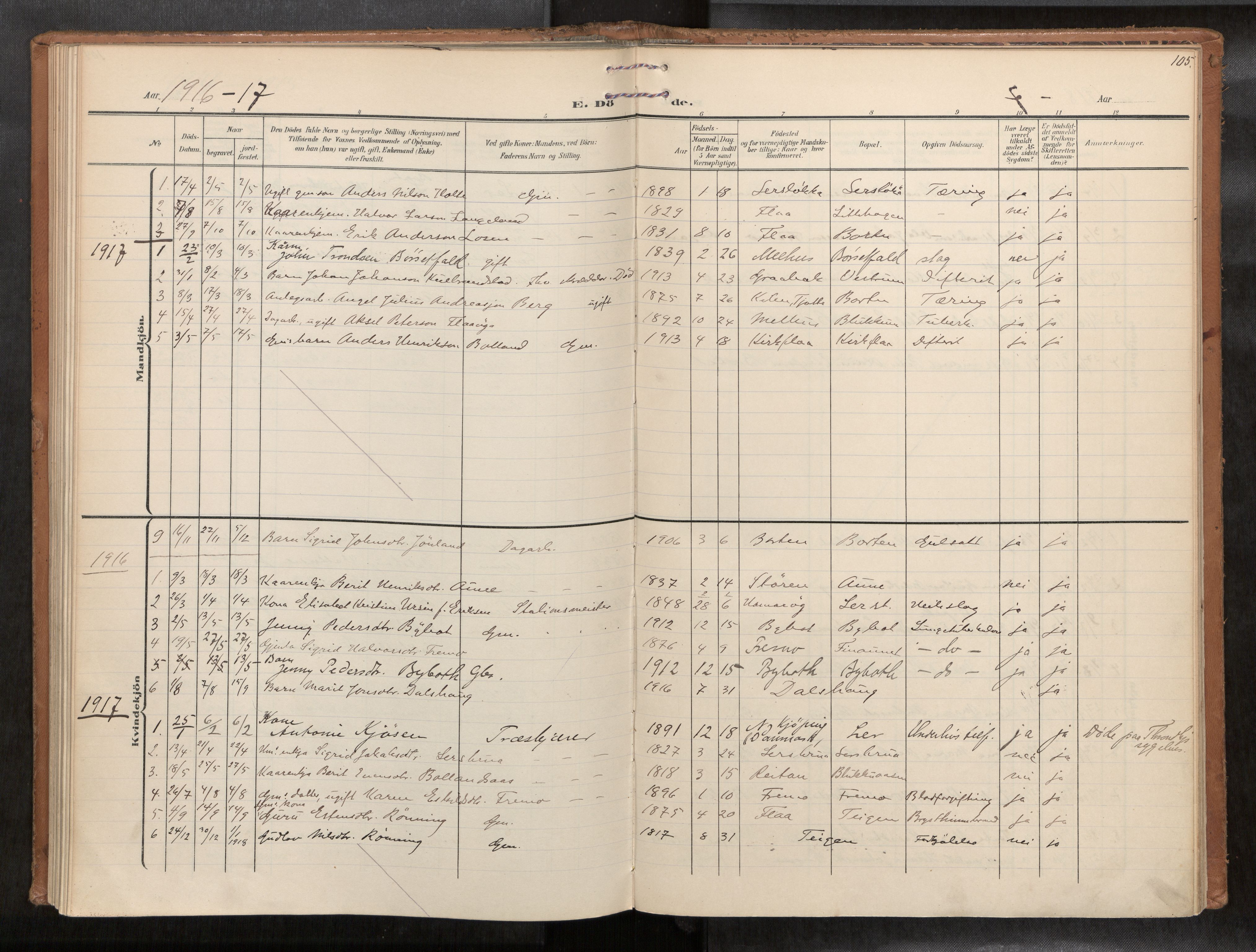 Ministerialprotokoller, klokkerbøker og fødselsregistre - Sør-Trøndelag, SAT/A-1456/693/L1119b: Parish register (official) no. 693A02, 1906-1936, p. 105