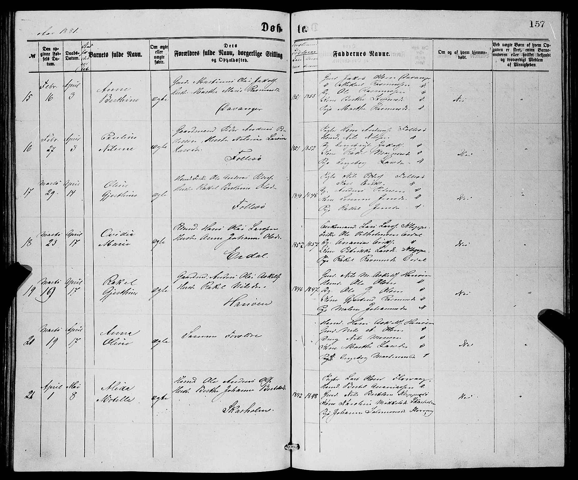 Askøy Sokneprestembete, AV/SAB-A-74101/H/Ha/Hab/Haba/L0007: Parish register (copy) no. A 7, 1871-1881, p. 157