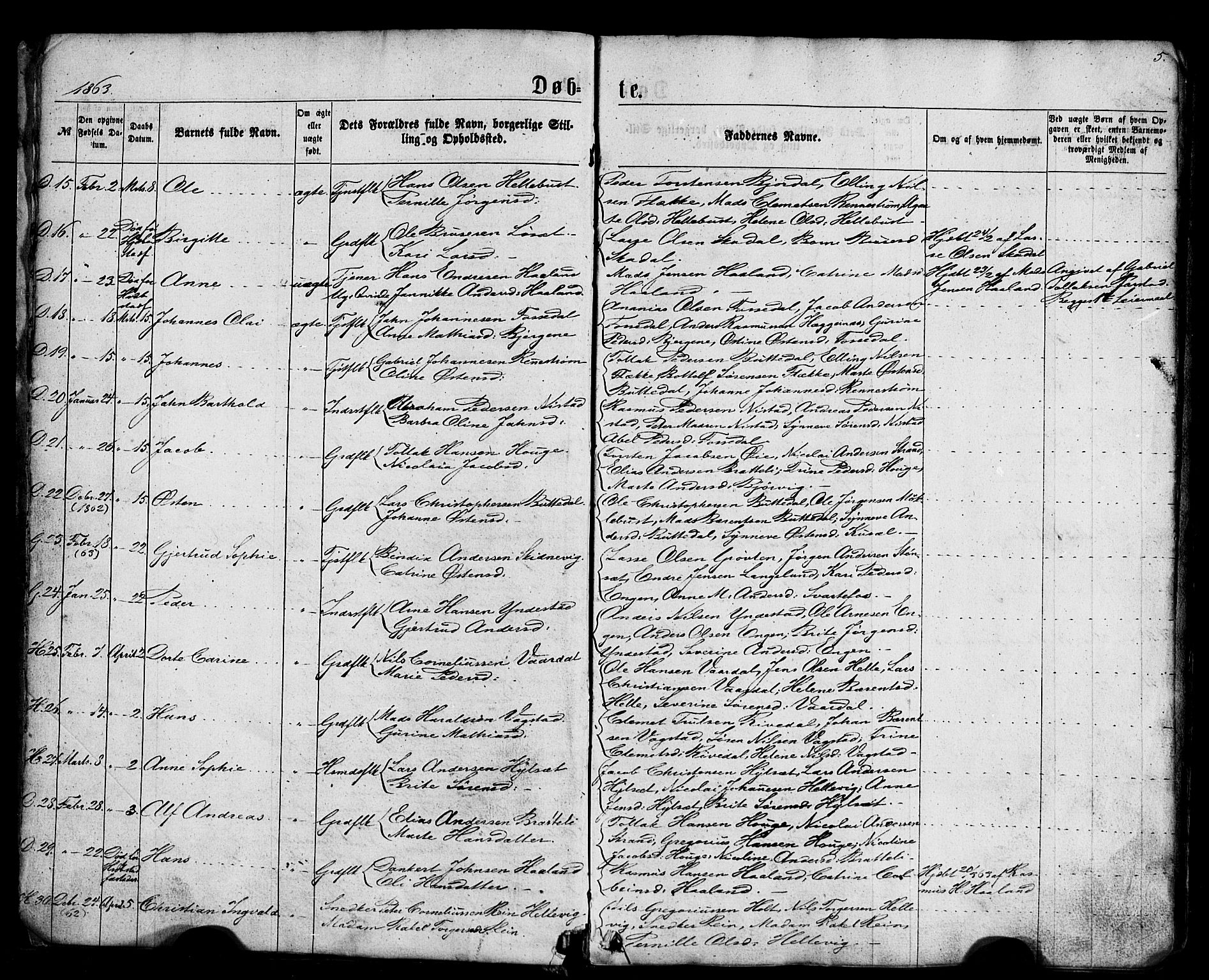 Fjaler sokneprestembete, AV/SAB-A-79801/H/Haa/Haaa/L0007: Parish register (official) no. A 7, 1862-1881, p. 5