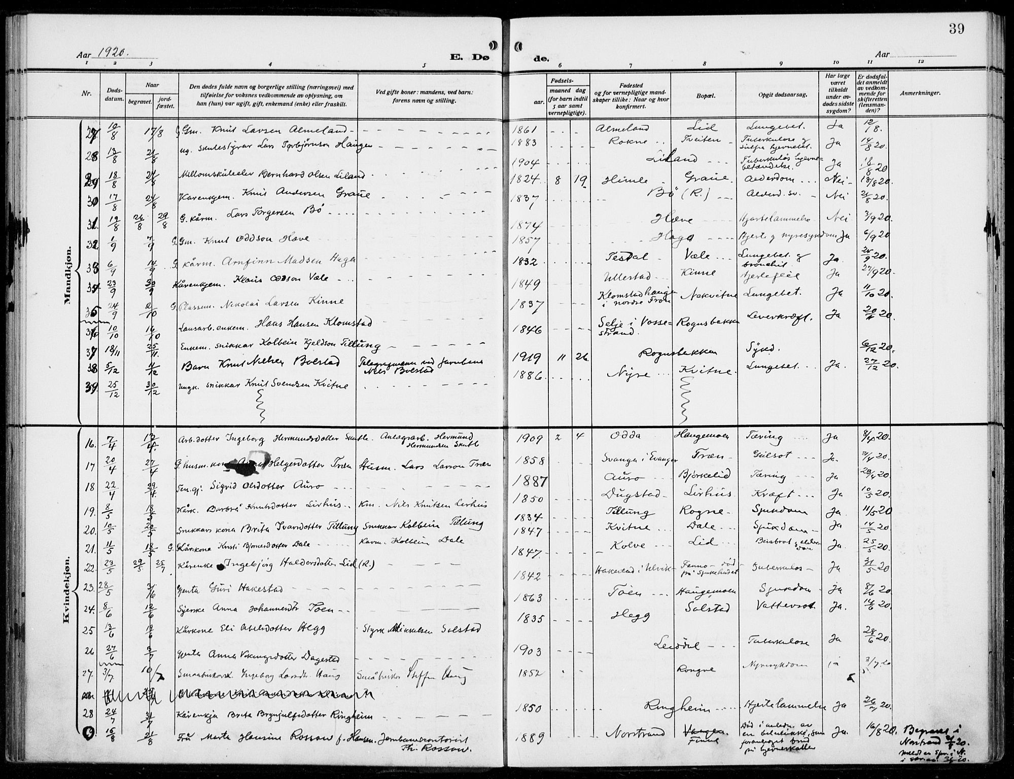 Voss sokneprestembete, AV/SAB-A-79001/H/Haa: Parish register (official) no. D  2, 1910-1932, p. 39