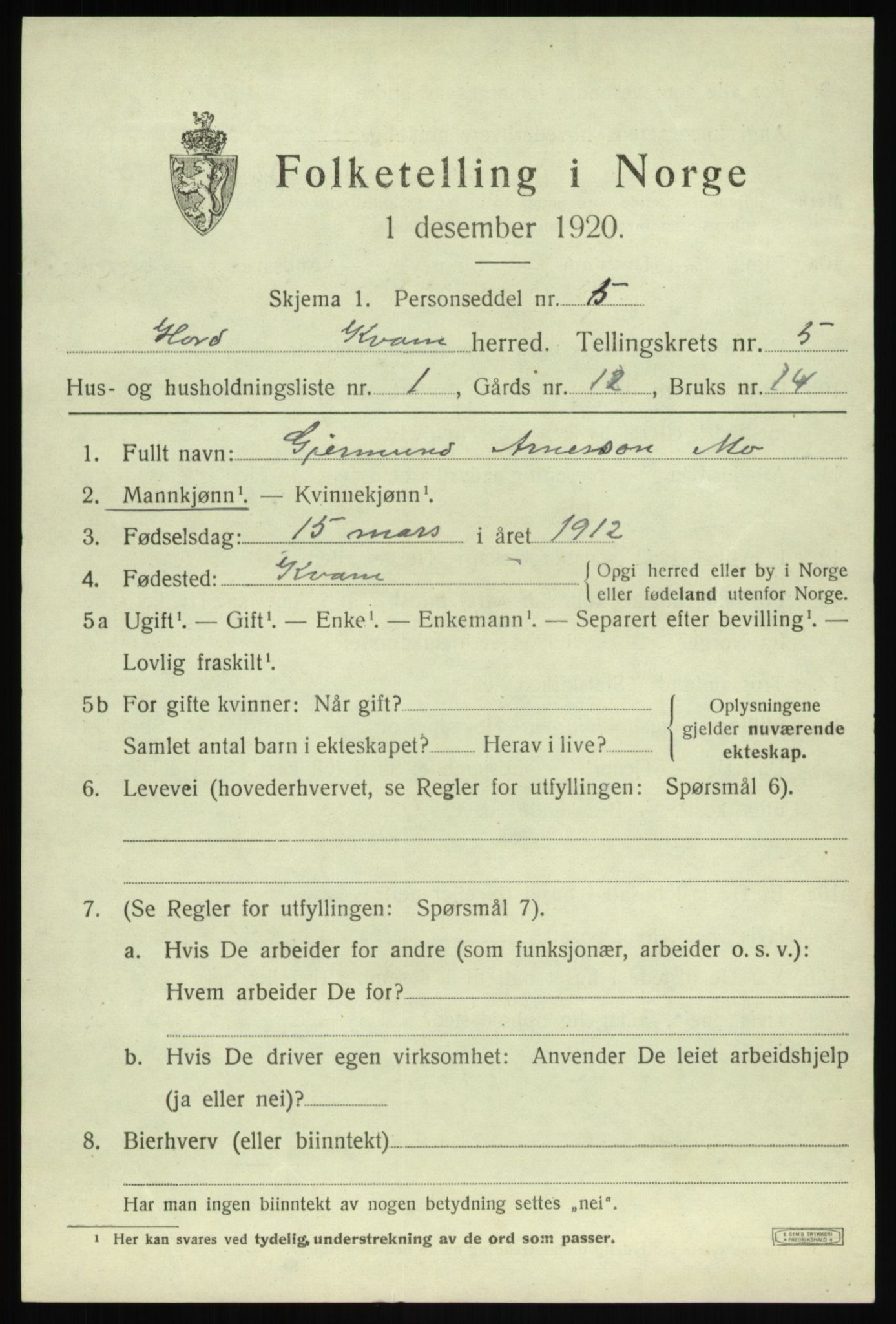 SAB, 1920 census for Kvam, 1920, p. 3779