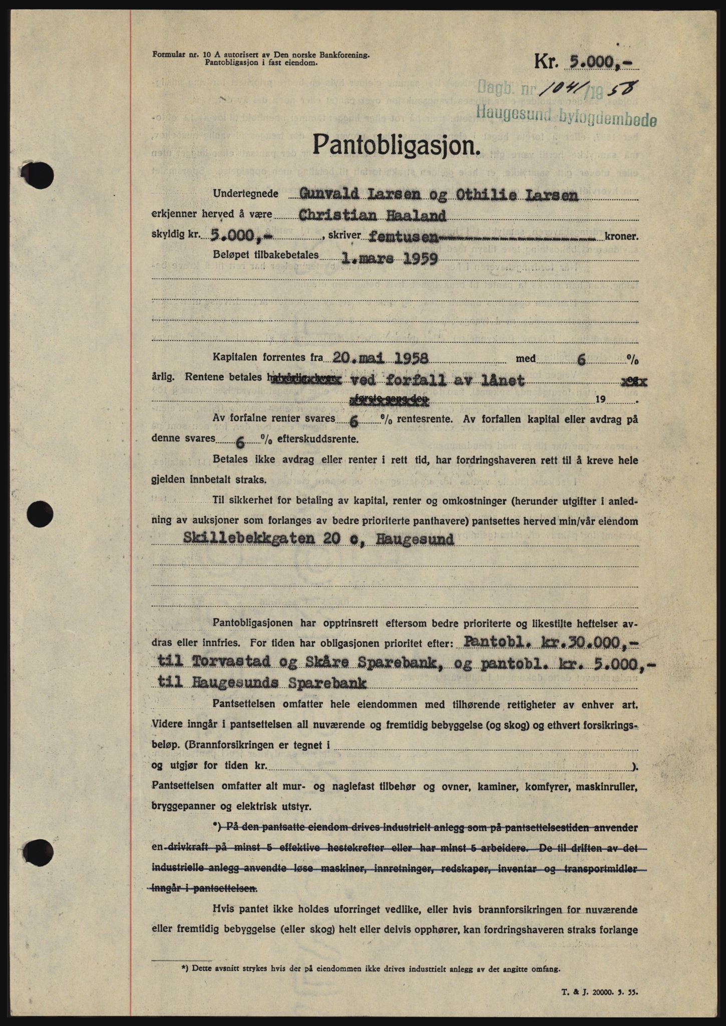 Haugesund tingrett, SAST/A-101415/01/II/IIC/L0044: Mortgage book no. B 44, 1958-1959, Diary no: : 1041/1958