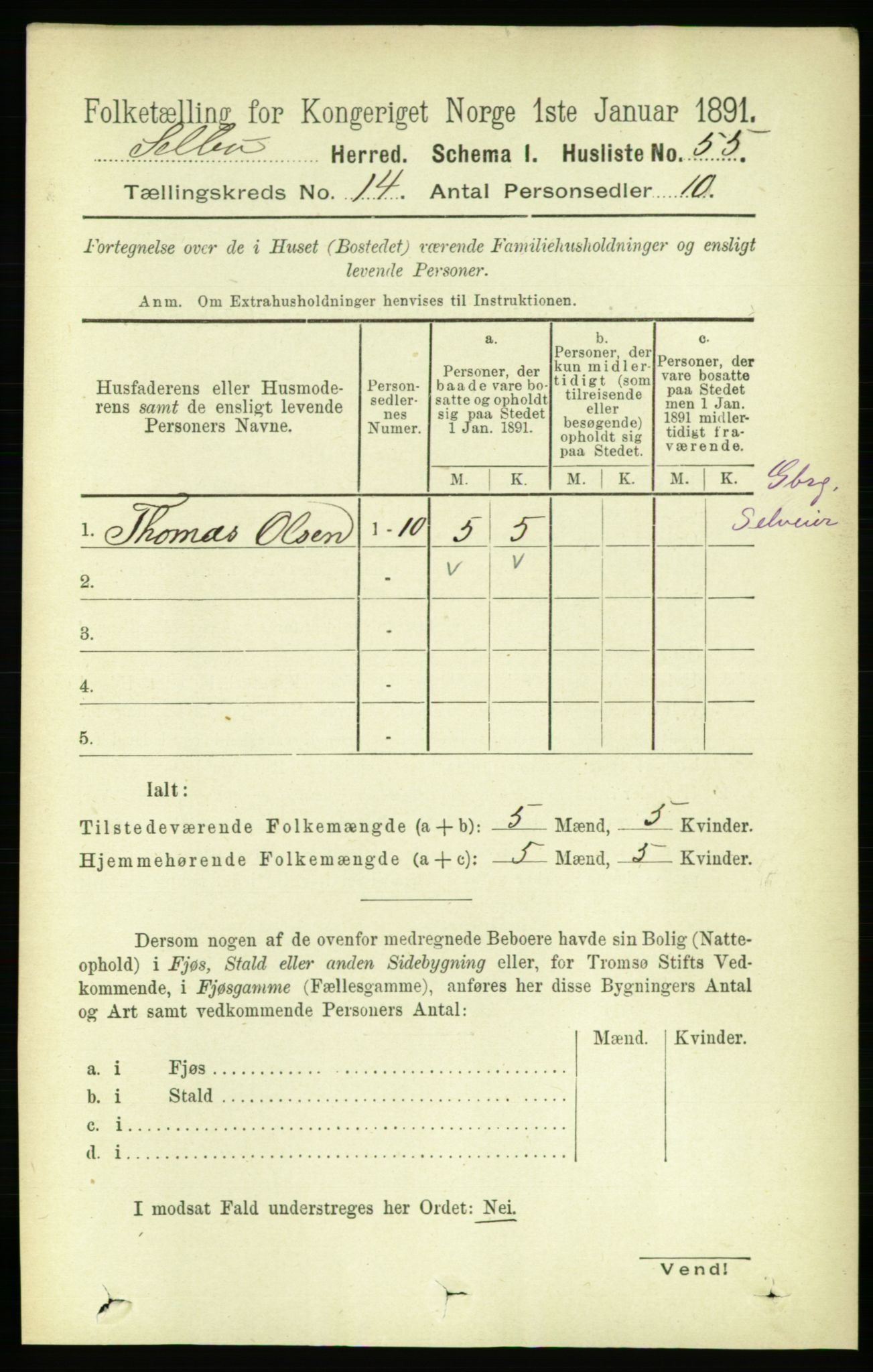 RA, 1891 census for 1664 Selbu, 1891, p. 5070