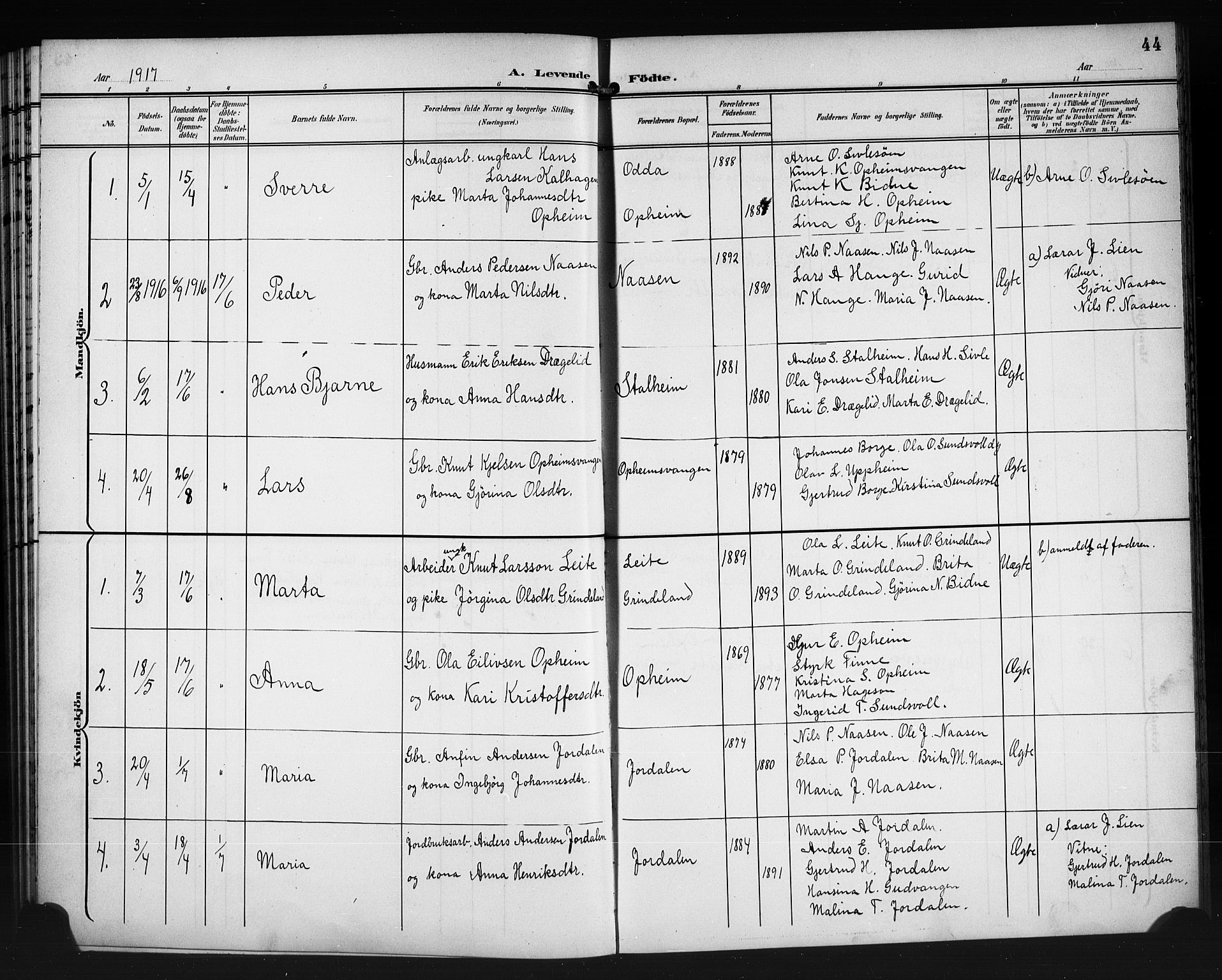 Vossestrand Sokneprestembete, AV/SAB-A-79101/H/Hab: Parish register (copy) no. A 3, 1900-1918, p. 44