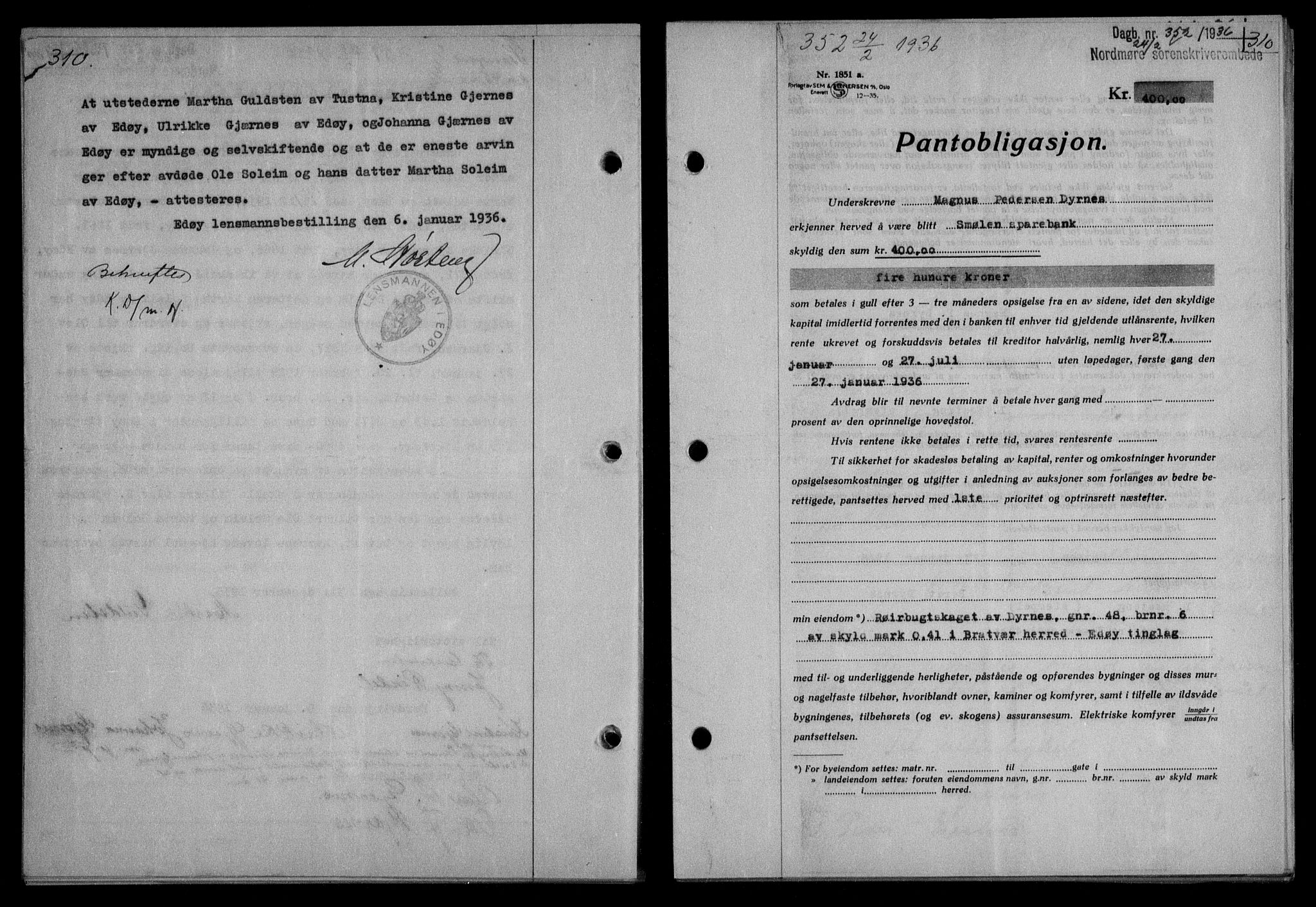 Nordmøre sorenskriveri, AV/SAT-A-4132/1/2/2Ca/L0087: Mortgage book no. 77, 1935-1936, Deed date: 24.02.1936