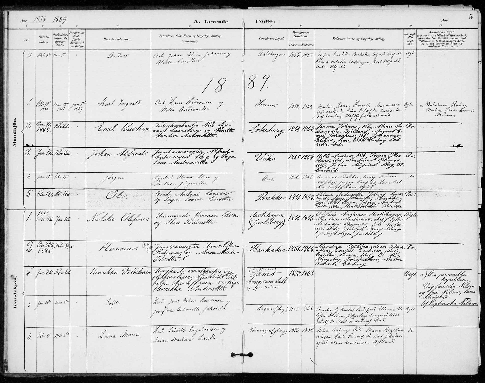 Sem kirkebøker, AV/SAKO-A-5/F/Fa/L0011: Parish register (official) no. I 11, 1888-1904, p. 5