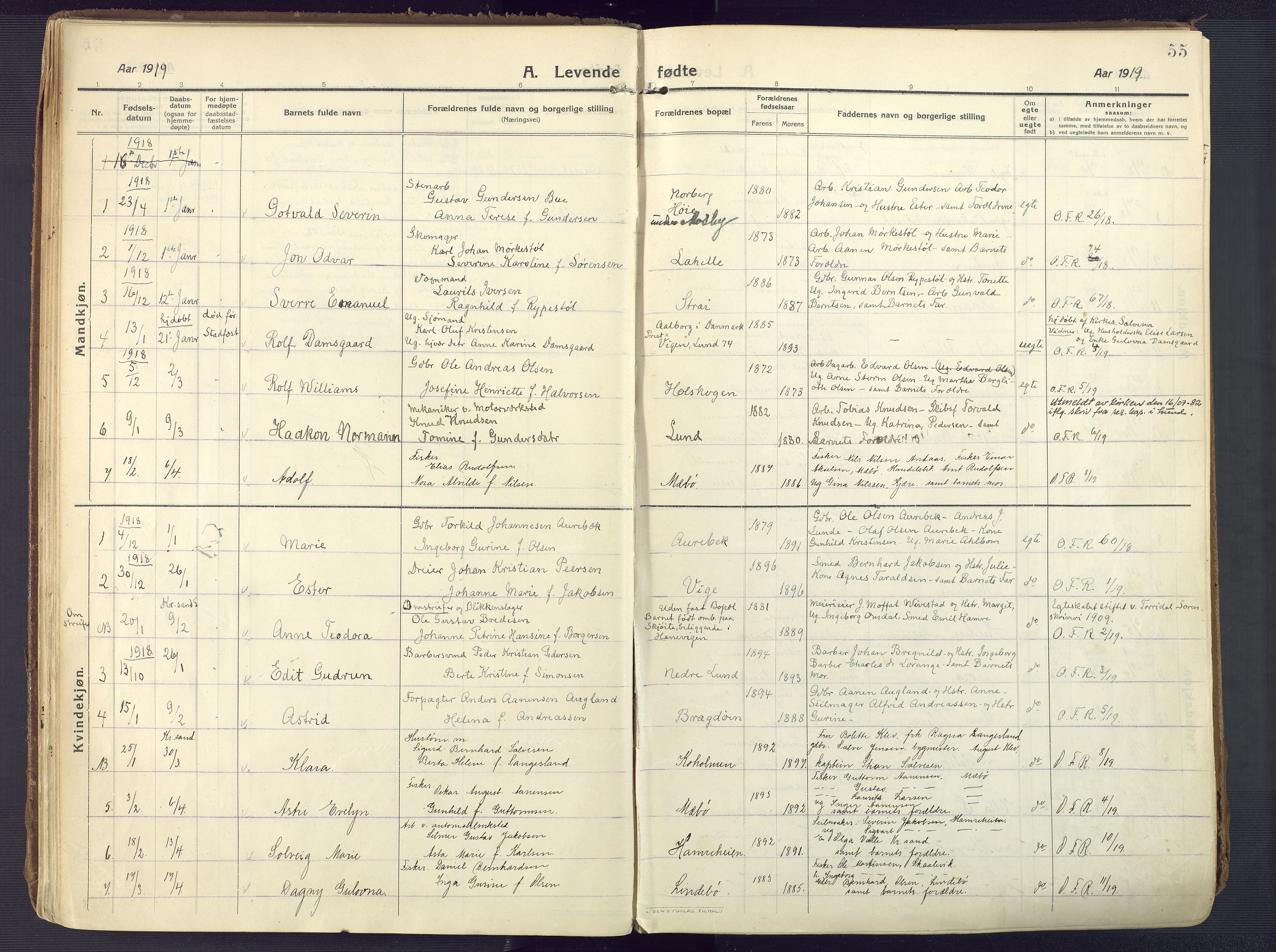 Oddernes sokneprestkontor, AV/SAK-1111-0033/F/Fa/Faa/L0012: Parish register (official) no. A 12, 1912-1925, p. 55