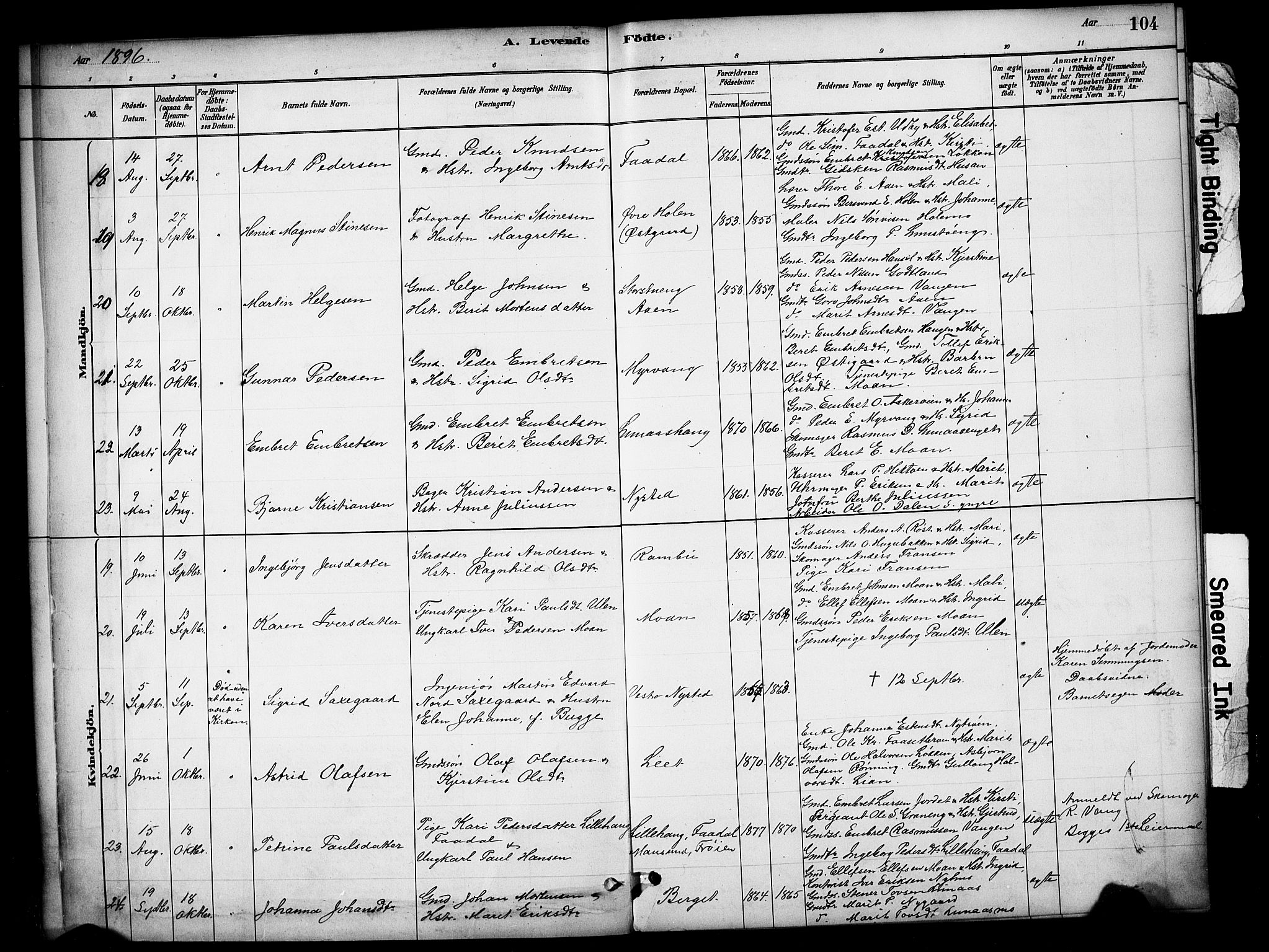 Tynset prestekontor, SAH/PREST-058/H/Ha/Hab/L0006: Parish register (copy) no. 6, 1880-1899, p. 104