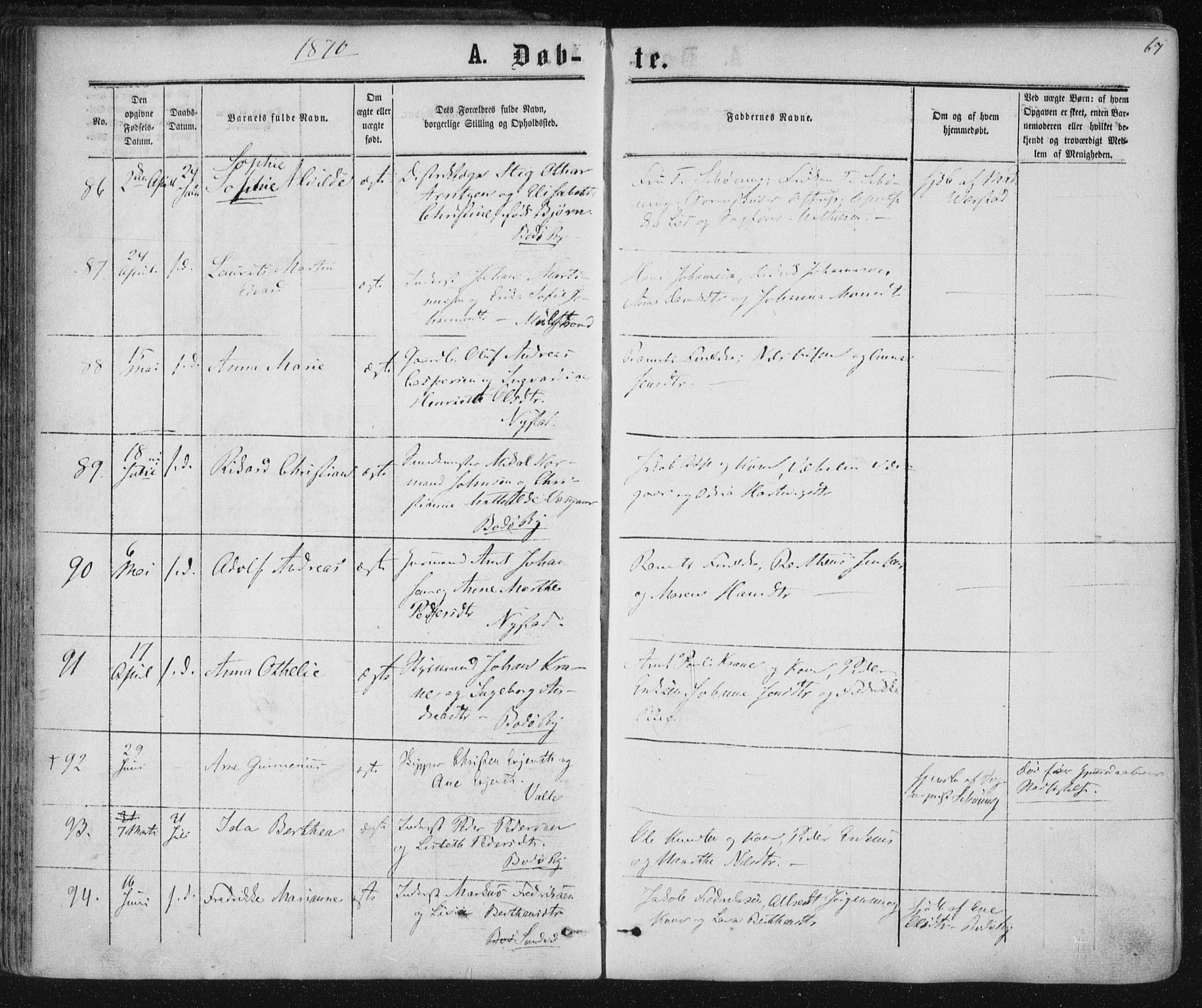 Ministerialprotokoller, klokkerbøker og fødselsregistre - Nordland, SAT/A-1459/801/L0008: Parish register (official) no. 801A08, 1864-1875, p. 67