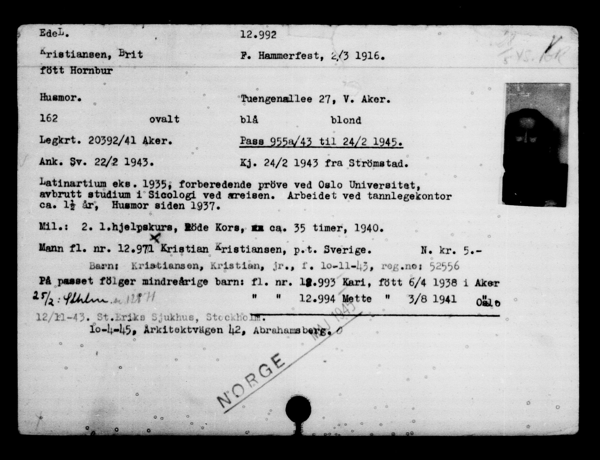 Utenriksstasjonene, Legasjonen i Stockholm, Flyktningkontoret, AV/RA-S-6753/V/Va/L0007: Kjesäterkartoteket, flyktninger med registreringsnr. 12700-15723, 1940-1945, p. 342