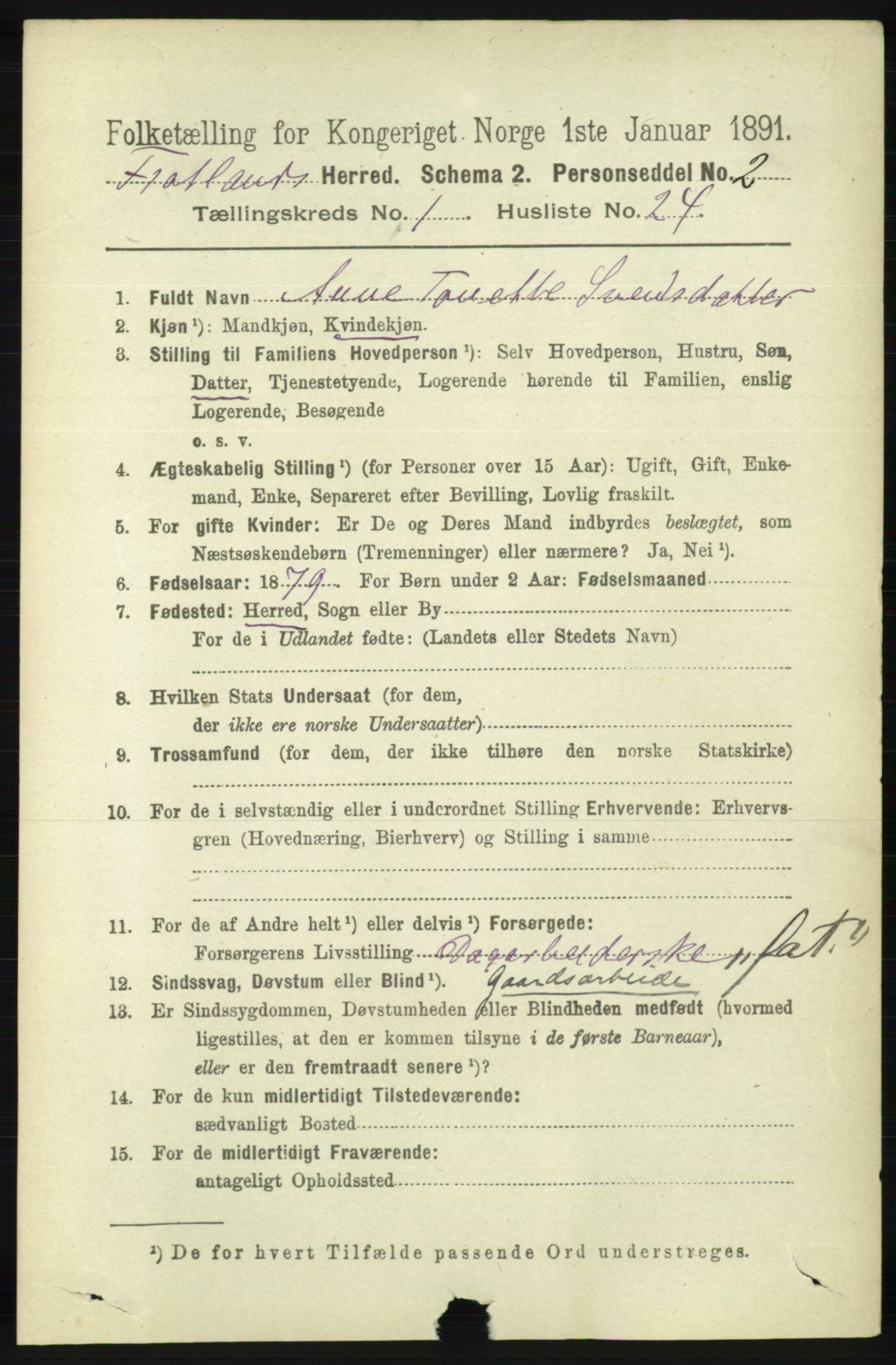 RA, 1891 census for 1036 Fjotland, 1891, p. 207