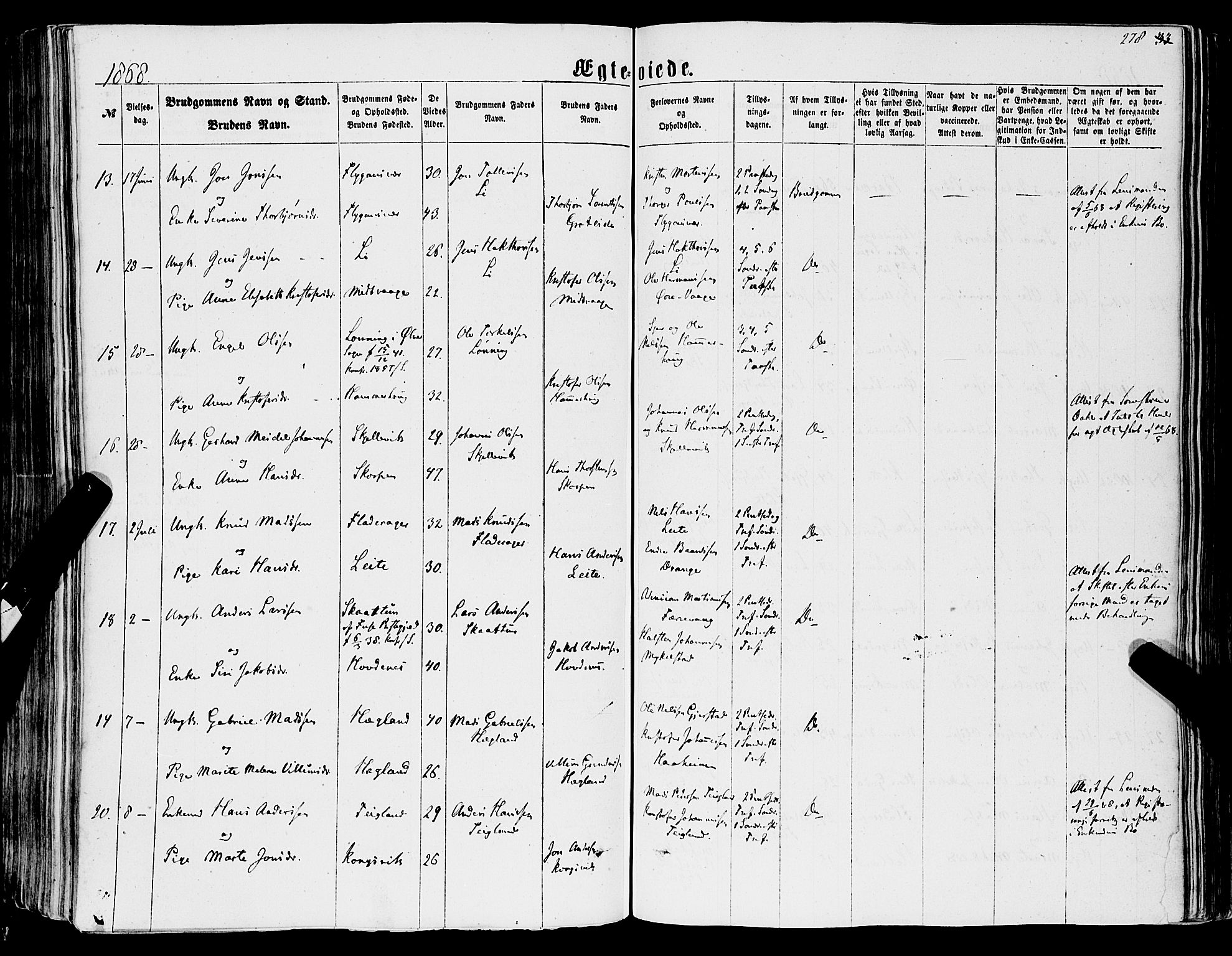 Tysnes sokneprestembete, SAB/A-78601/H/Haa: Parish register (official) no. A 11, 1860-1871, p. 278