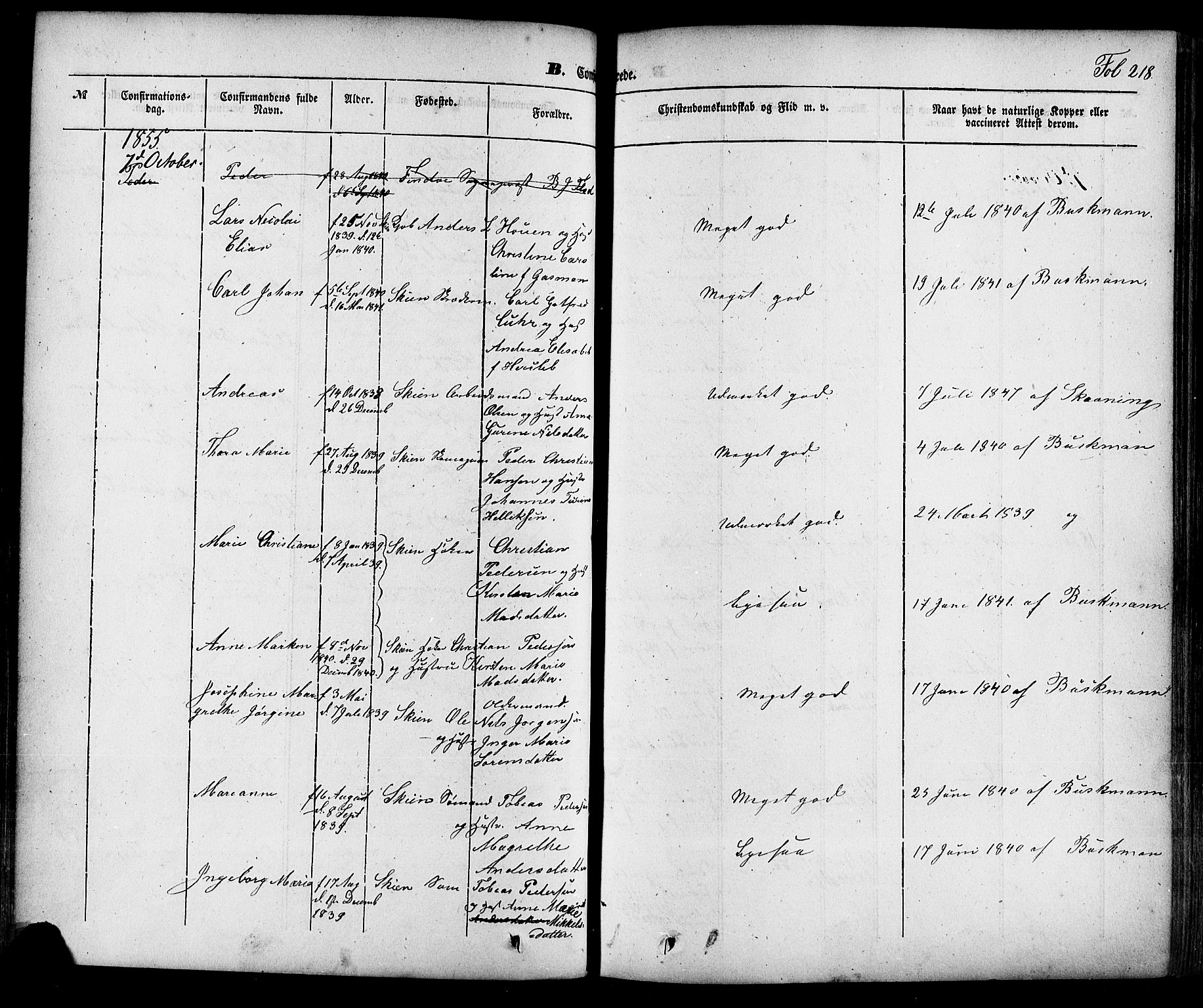 Skien kirkebøker, SAKO/A-302/F/Fa/L0006a: Parish register (official) no. 6A, 1843-1856, p. 218