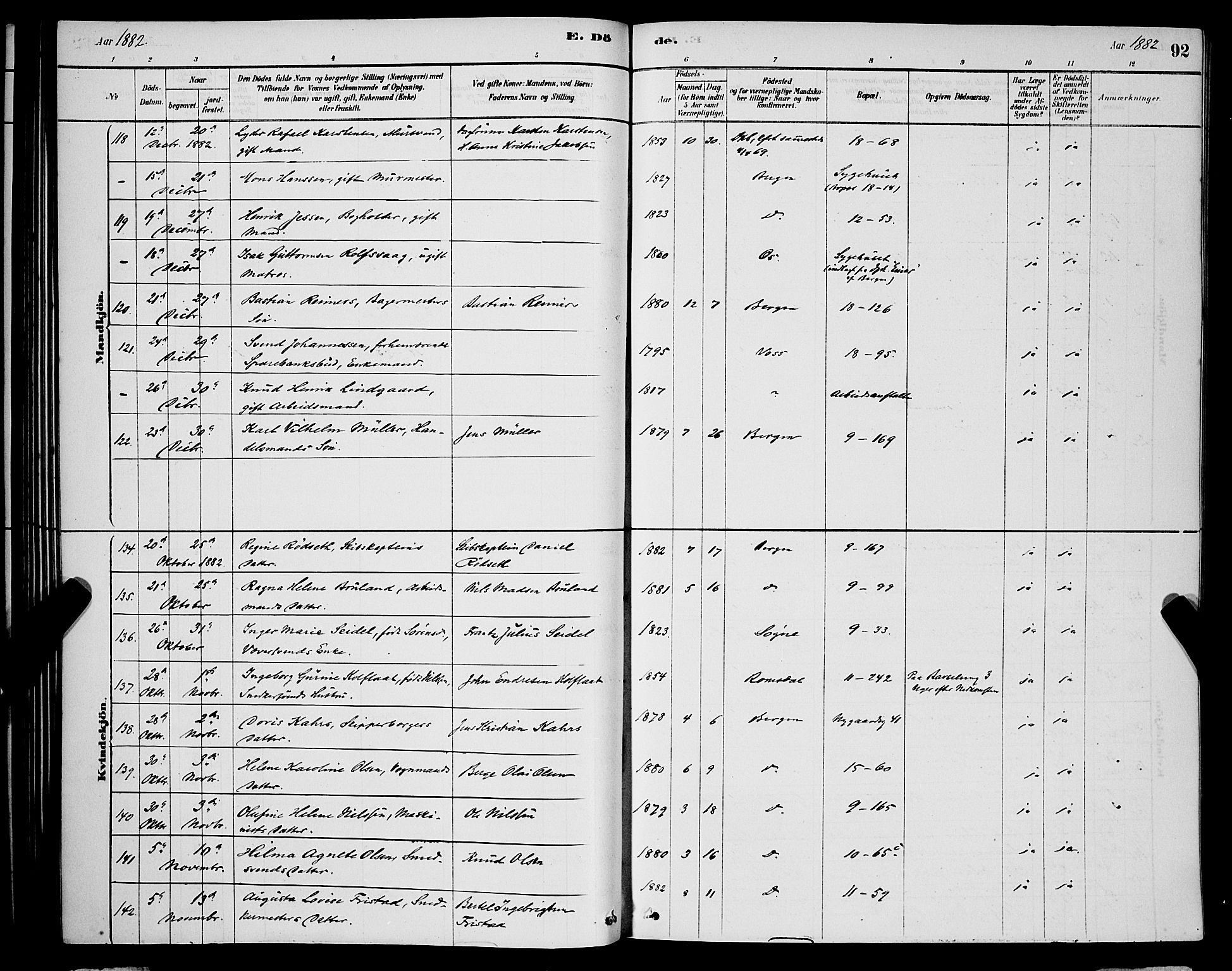 Domkirken sokneprestembete, SAB/A-74801/H/Hab/L0041: Parish register (copy) no. E 5, 1878-1900, p. 92