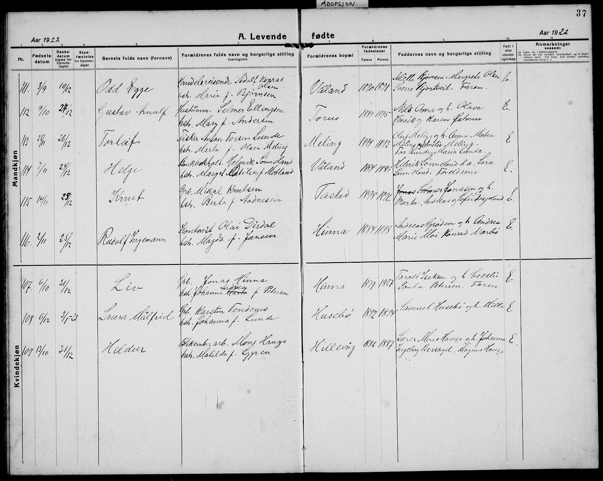Hetland sokneprestkontor, SAST/A-101826/30/30BB/L0011: Parish register (copy) no. B 11, 1921-1939, p. 37