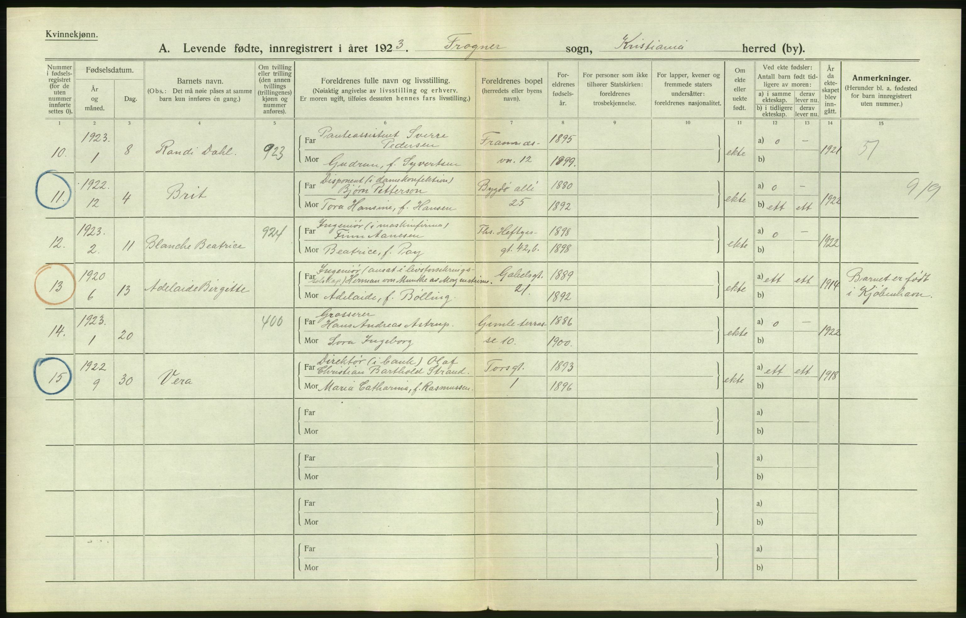 Statistisk sentralbyrå, Sosiodemografiske emner, Befolkning, RA/S-2228/D/Df/Dfc/Dfcc/L0006: Kristiania: Levendefødte menn og kvinner., 1923, p. 648