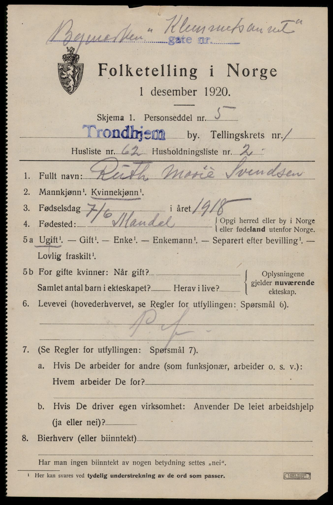 SAT, 1920 census for Trondheim, 1920, p. 33938