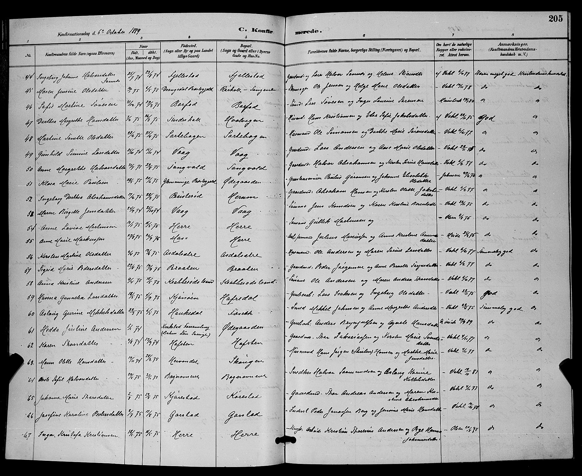 Bamble kirkebøker, AV/SAKO-A-253/G/Ga/L0009: Parish register (copy) no. I 9, 1888-1900, p. 205