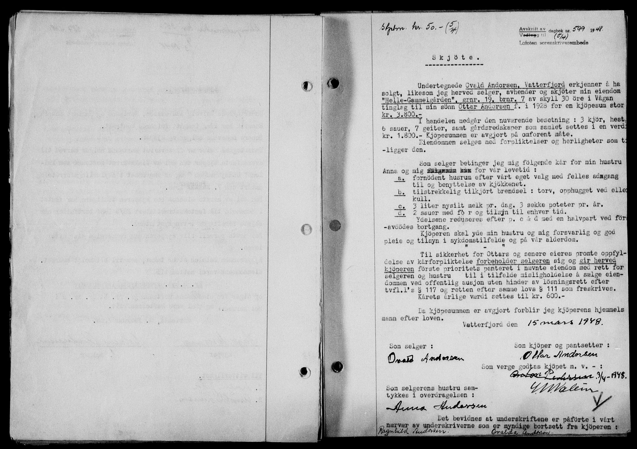Lofoten sorenskriveri, SAT/A-0017/1/2/2C/L0018a: Mortgage book no. 18a, 1948-1948, Diary no: : 599/1948