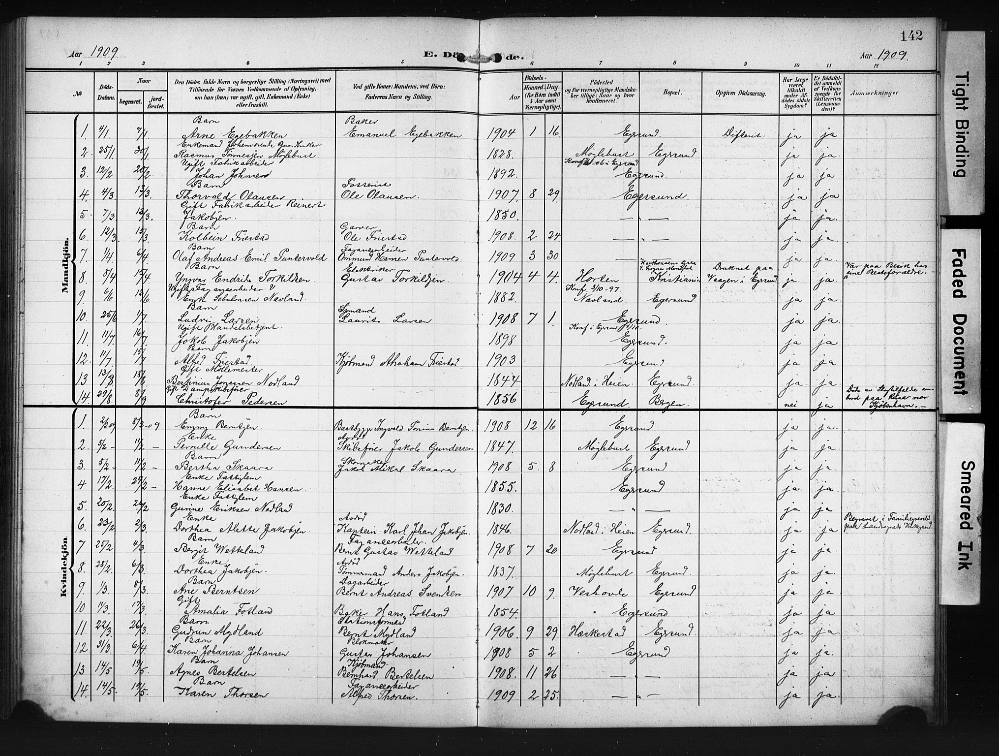 Eigersund sokneprestkontor, AV/SAST-A-101807/S09/L0012: Parish register (copy) no. B 12, 1908-1930, p. 142