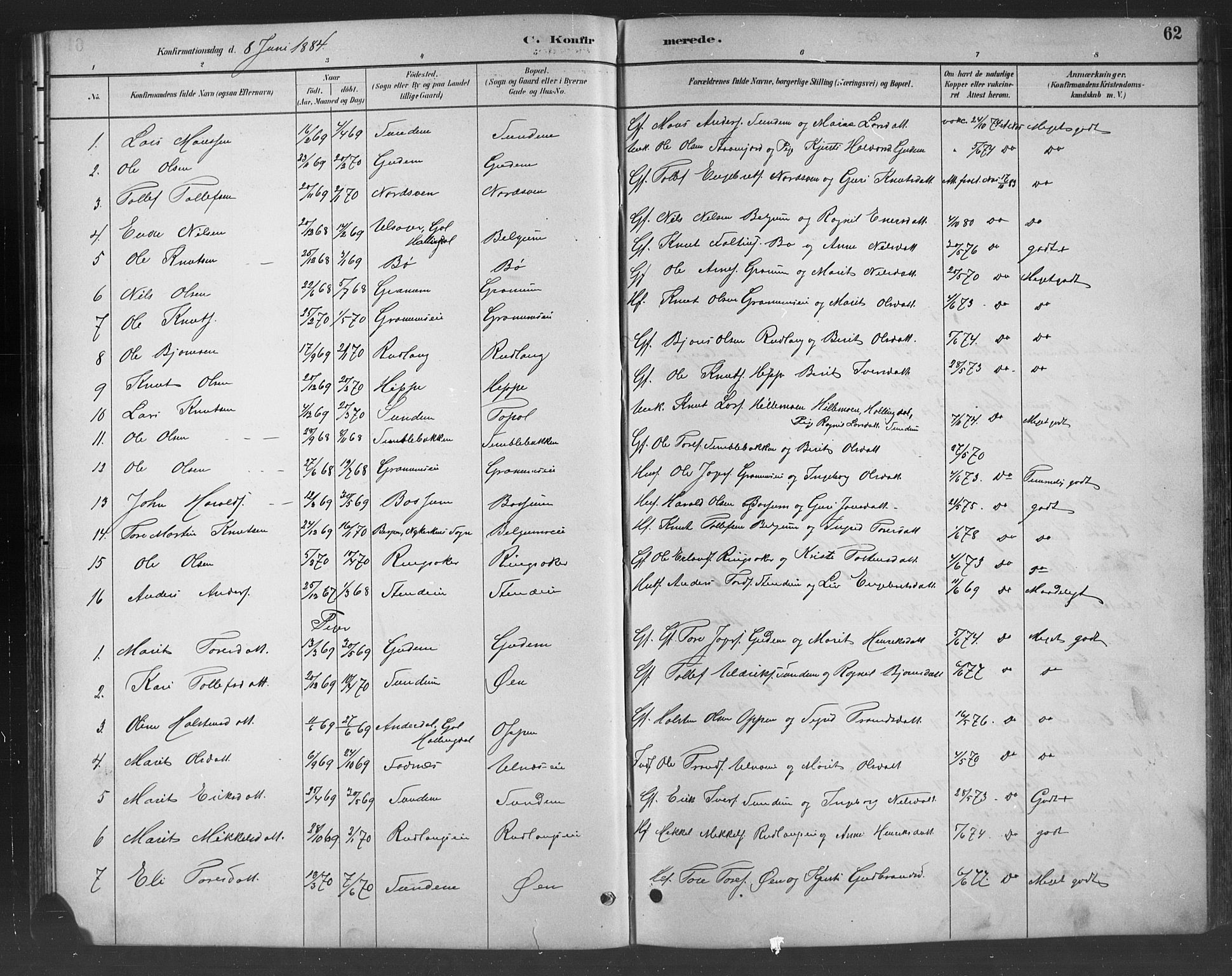 Nord-Aurdal prestekontor, SAH/PREST-132/H/Ha/Hab/L0008: Parish register (copy) no. 8, 1883-1916, p. 62