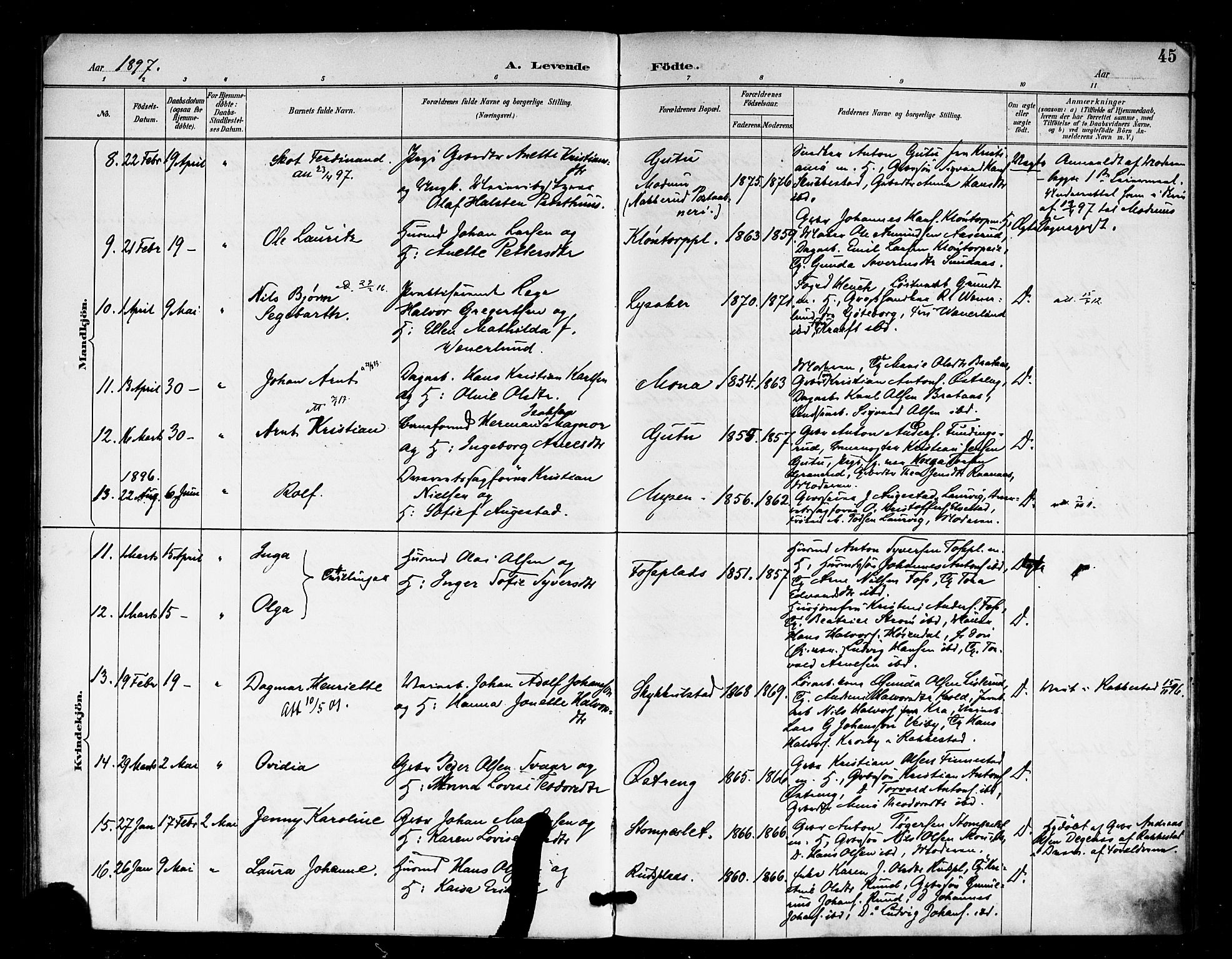 Eidsberg prestekontor Kirkebøker, AV/SAO-A-10905/F/Fa/L0013: Parish register (official) no. I 13, 1890-1901, p. 45