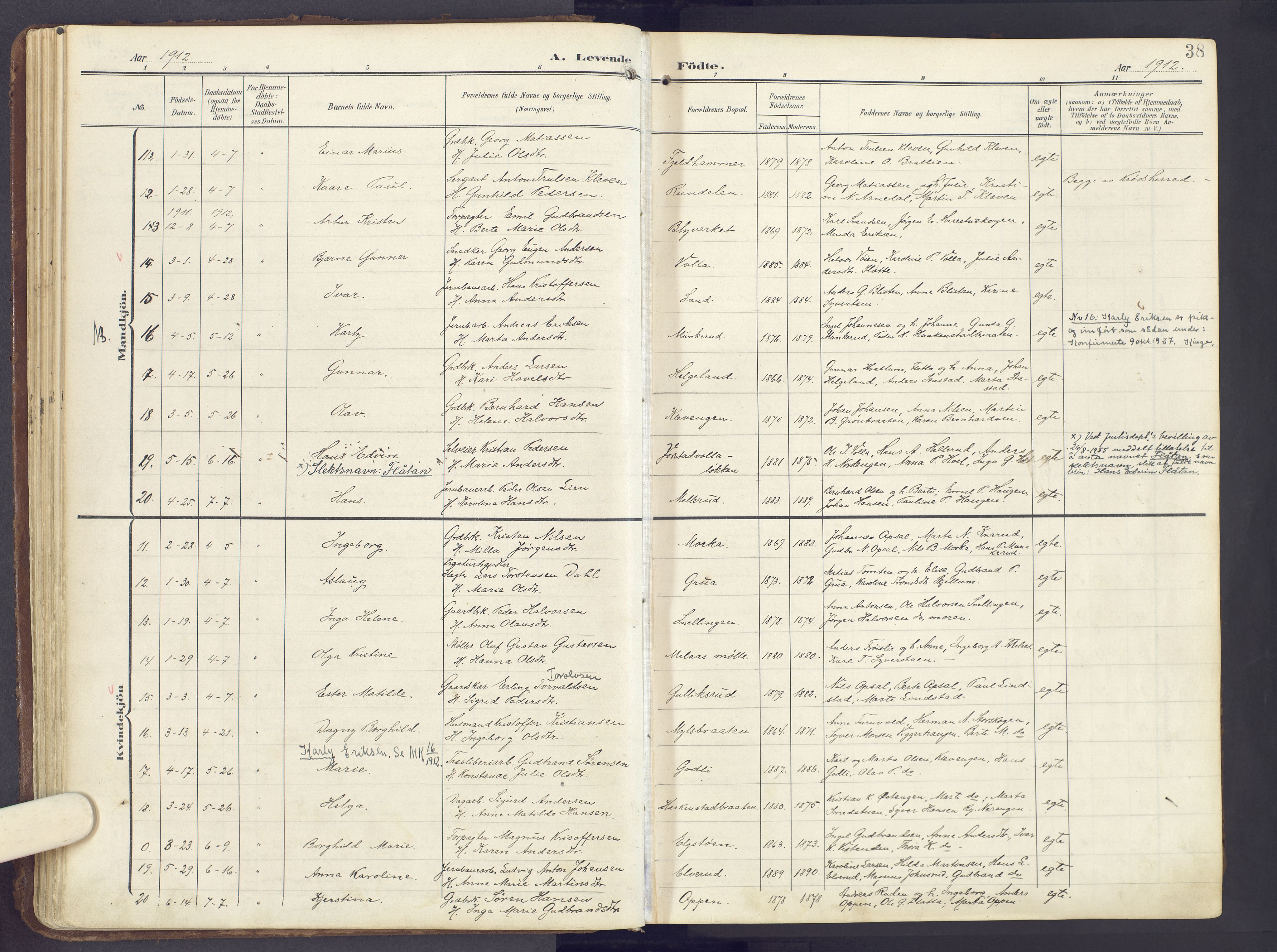 Lunner prestekontor, SAH/PREST-118/H/Ha/Haa/L0001: Parish register (official) no. 1, 1907-1922, p. 38
