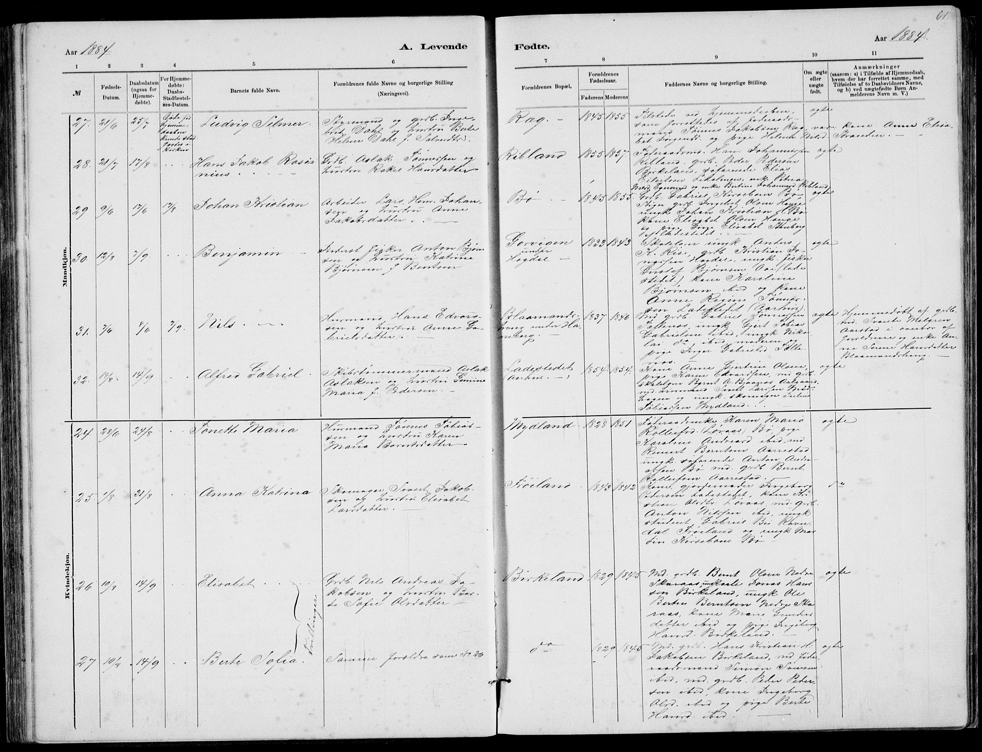 Sokndal sokneprestkontor, AV/SAST-A-101808: Parish register (copy) no. B 4, 1880-1891, p. 61