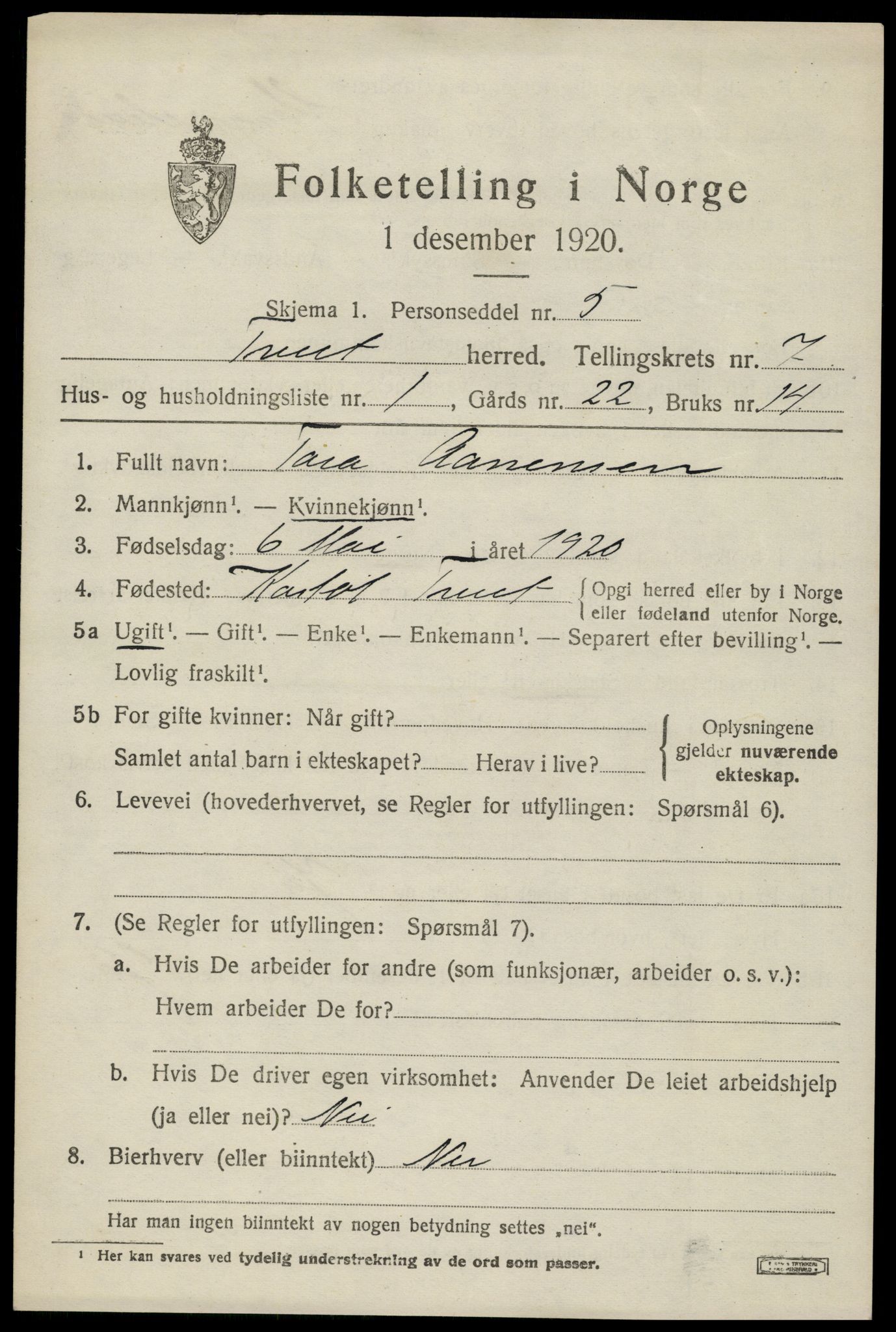 SAK, 1920 census for Tveit, 1920, p. 3204