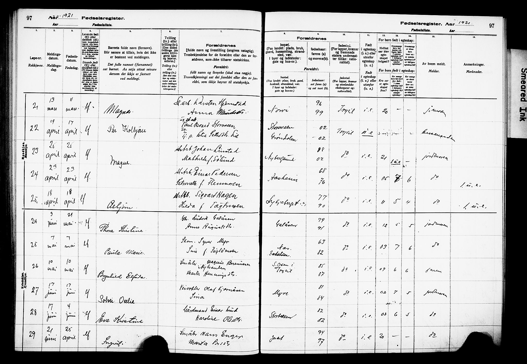 Trysil prestekontor, AV/SAH-PREST-046/I/Id/Ida/L0001: Birth register no. I 1, 1916-1927, p. 97