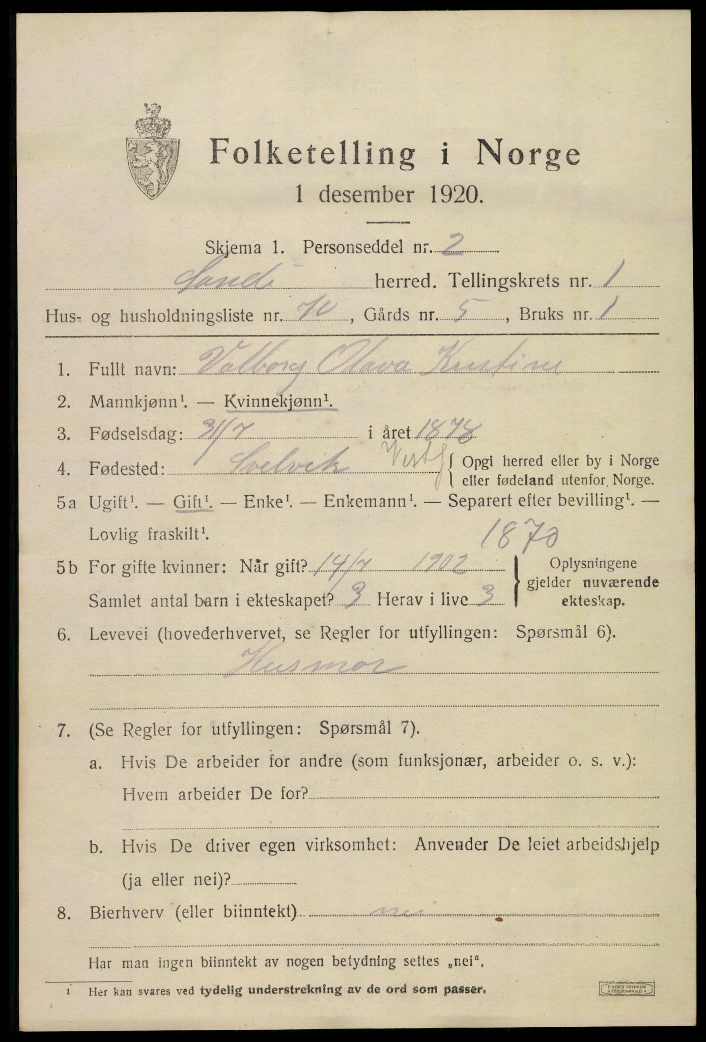 SAKO, 1920 census for Sande, 1920, p. 1980