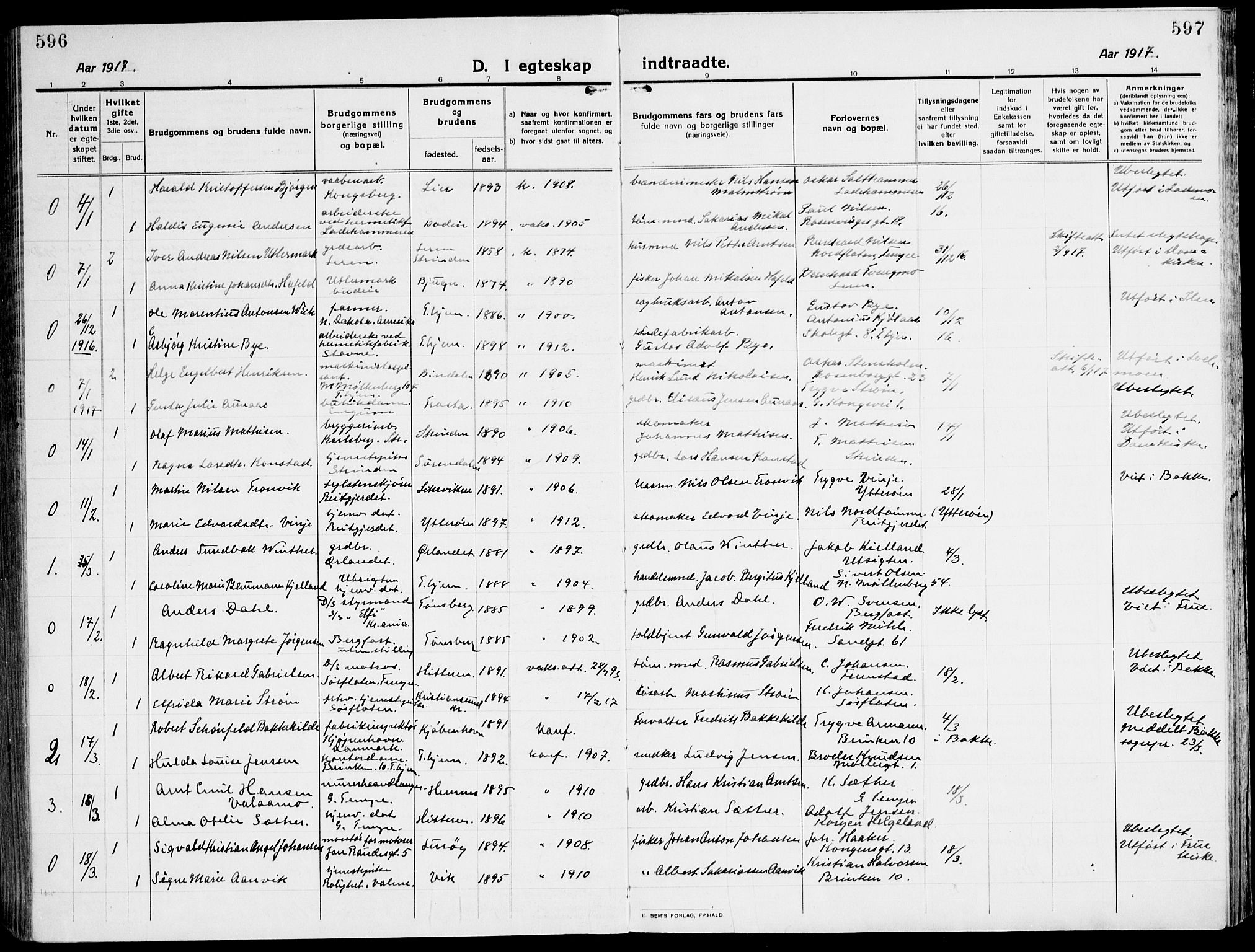 Ministerialprotokoller, klokkerbøker og fødselsregistre - Sør-Trøndelag, SAT/A-1456/607/L0321: Parish register (official) no. 607A05, 1916-1935, p. 596-597