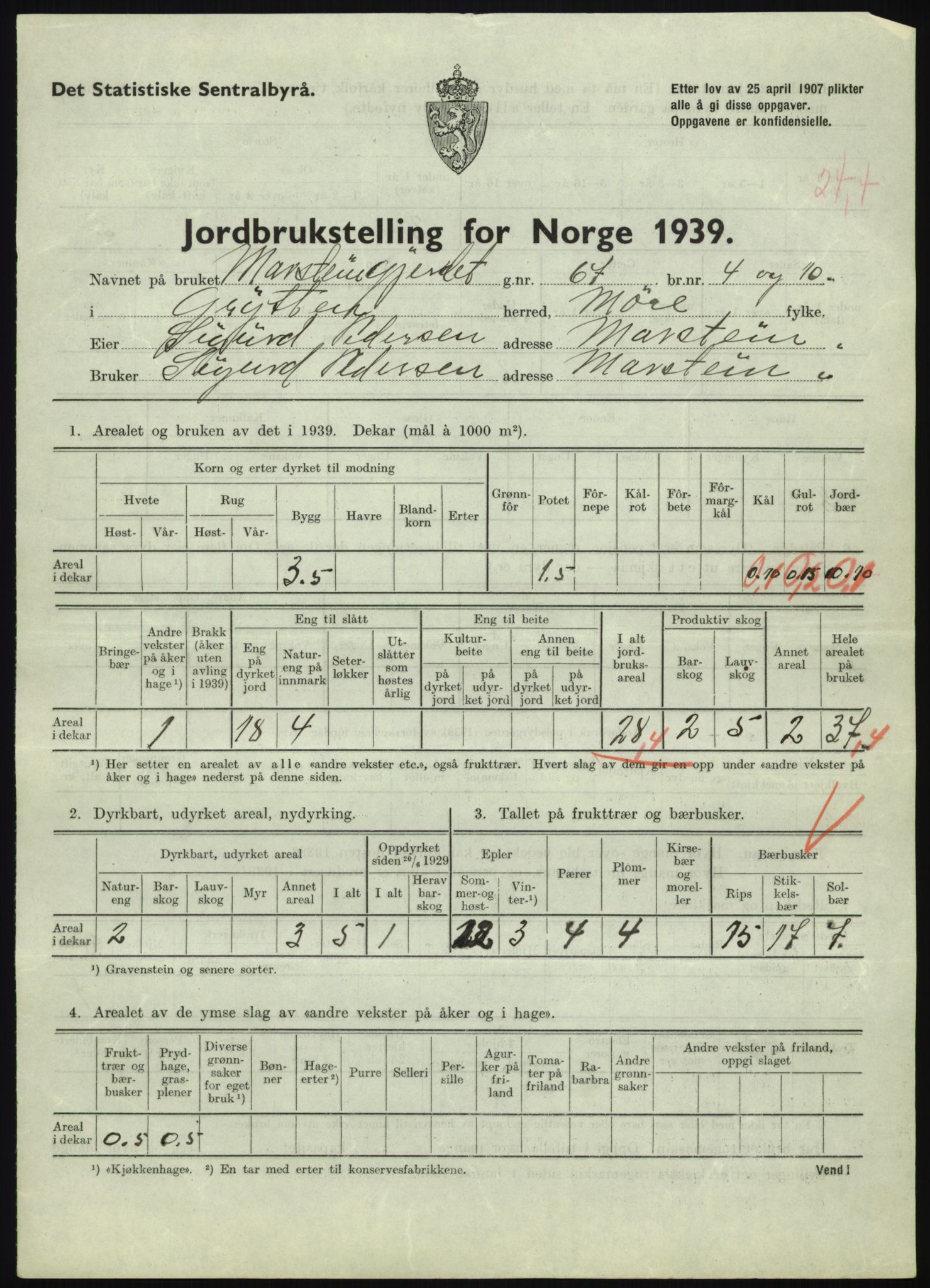 Statistisk sentralbyrå, Næringsøkonomiske emner, Jordbruk, skogbruk, jakt, fiske og fangst, AV/RA-S-2234/G/Gb/L0251: Møre og Romsdal: Voll, Eid, Grytten og Hen, 1939, p. 631