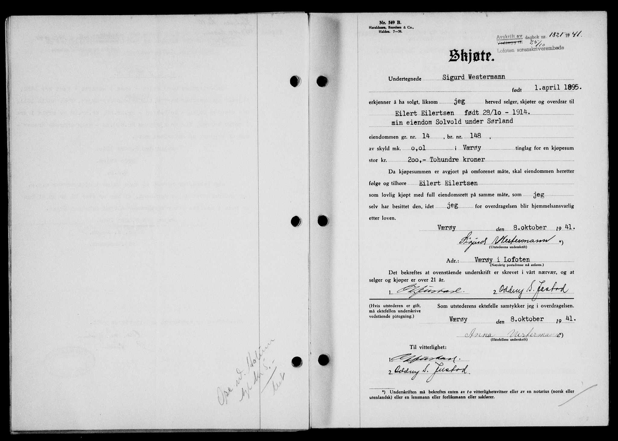 Lofoten sorenskriveri, SAT/A-0017/1/2/2C/L0009a: Mortgage book no. 9a, 1941-1942, Diary no: : 1821/1941