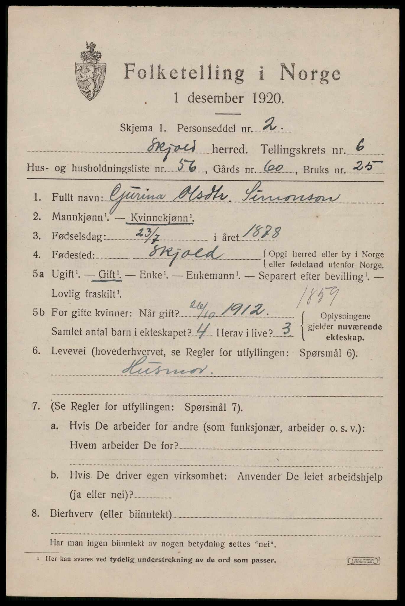 SAST, 1920 census for Skjold, 1920, p. 3686