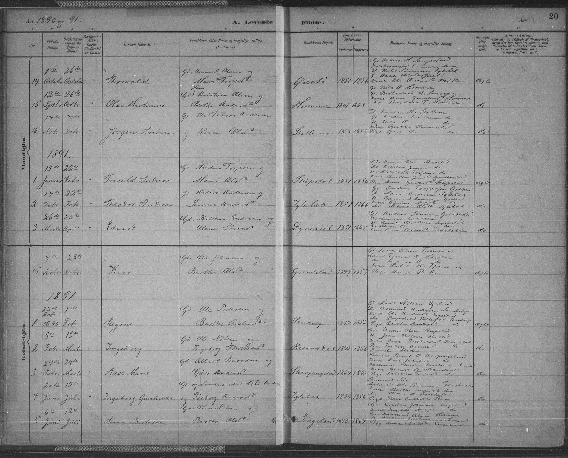 Vennesla sokneprestkontor, SAK/1111-0045/Fa/Fac/L0009: Parish register (official) no. A 9, 1884-1901, p. 20
