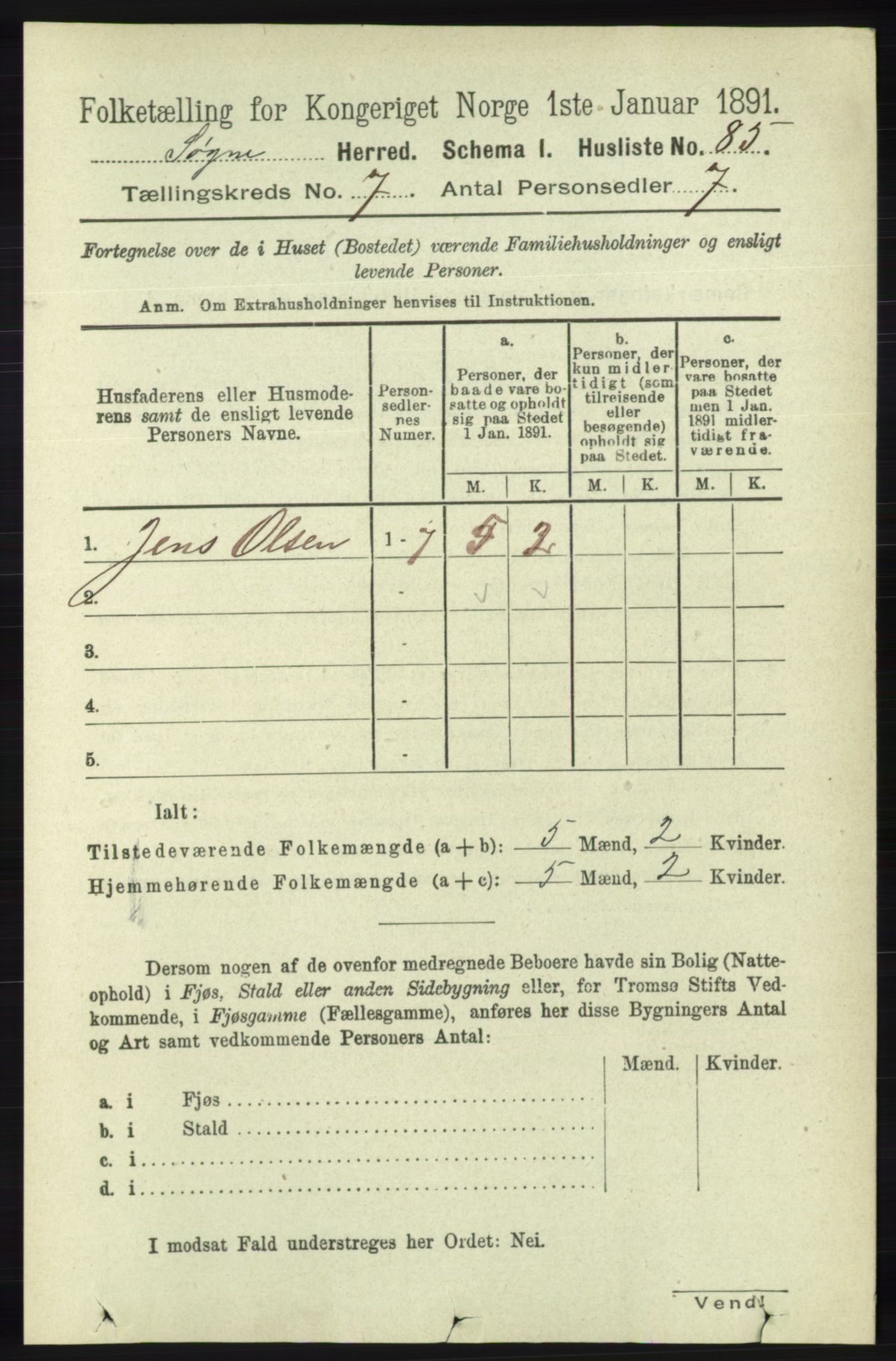 RA, 1891 census for 1018 Søgne, 1891, p. 1508