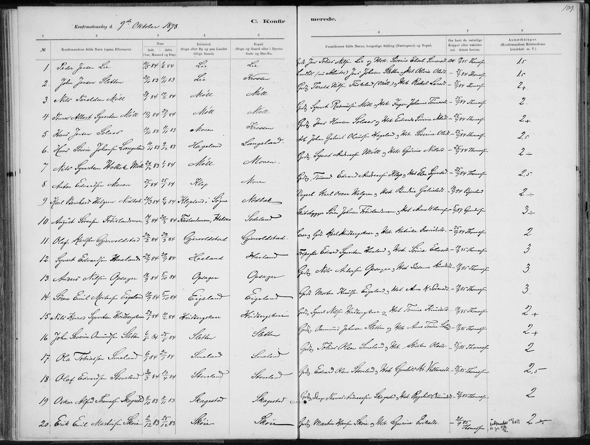 Holum sokneprestkontor, SAK/1111-0022/F/Fa/Faa/L0007: Parish register (official) no. A 7, 1884-1907, p. 109