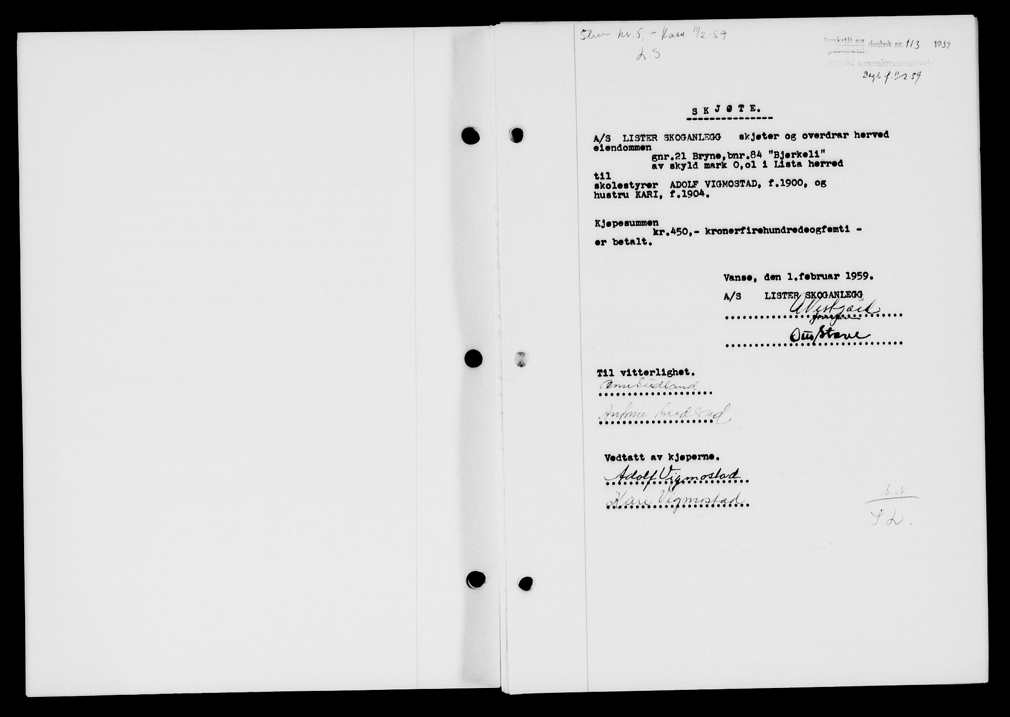 Lyngdal sorenskriveri, AV/SAK-1221-0004/G/Gb/L0678: Mortgage book no. A XXIV, 1958-1959, Diary no: : 113/1959