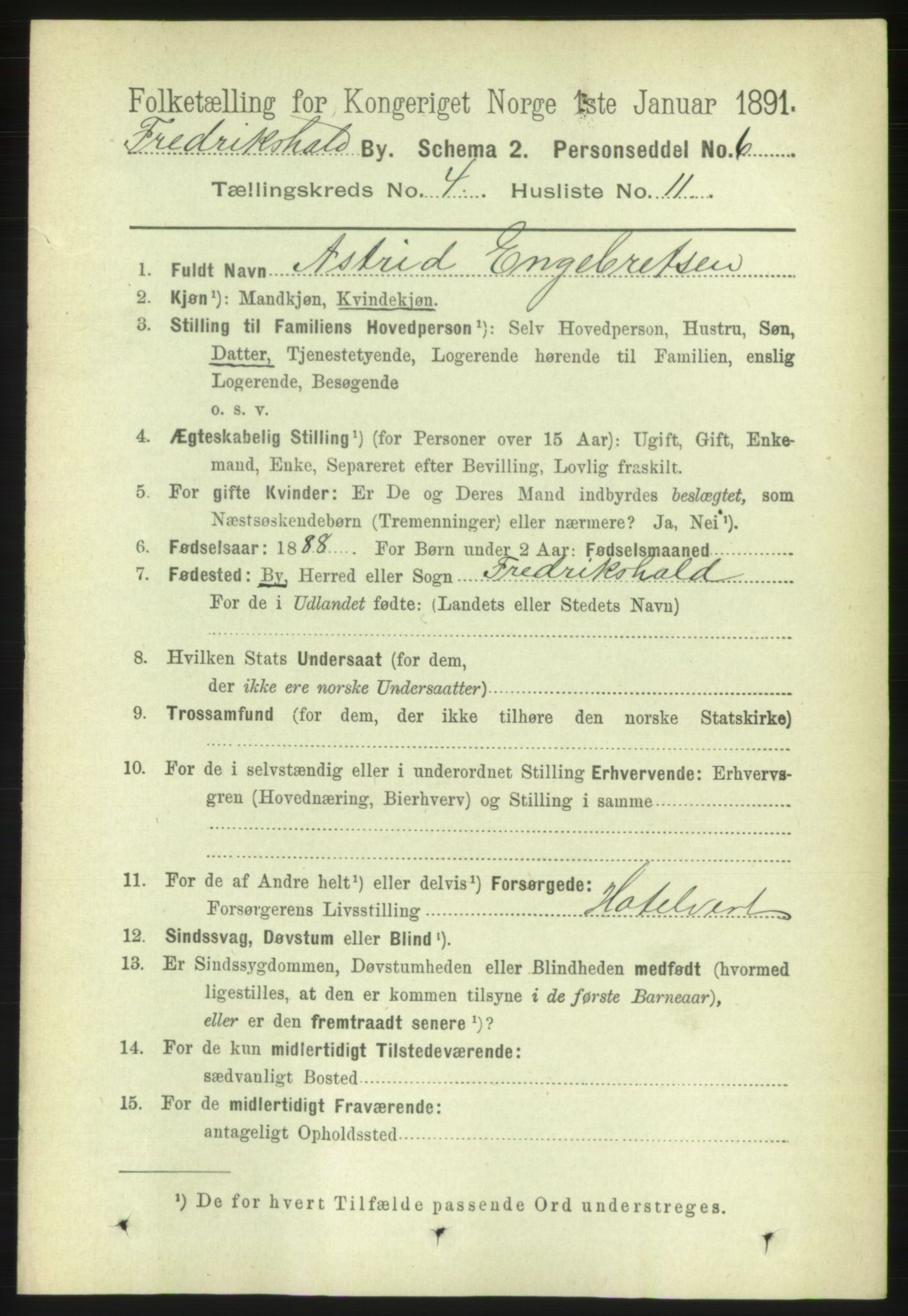 RA, 1891 census for 0101 Fredrikshald, 1891, p. 3833