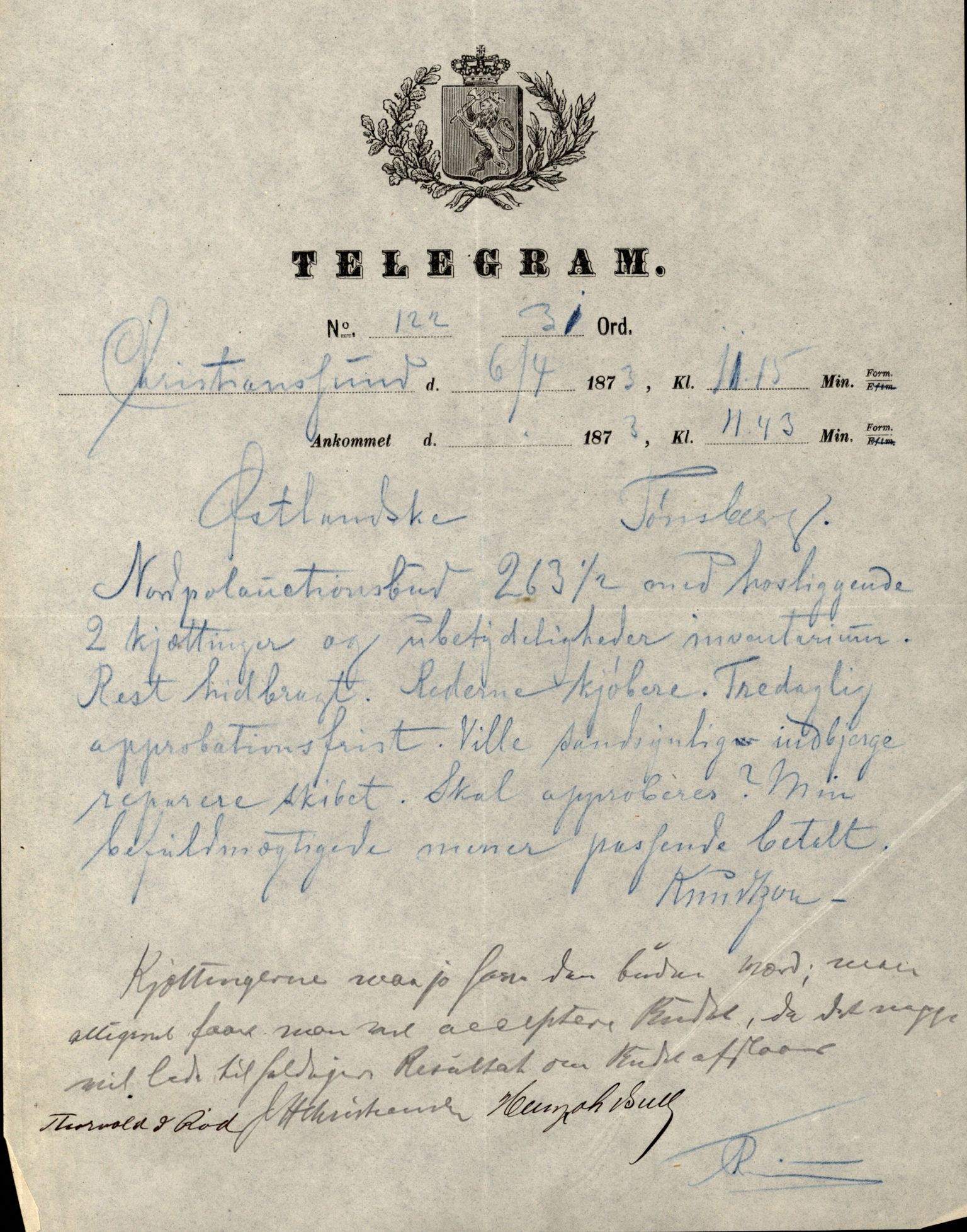 Pa 63 - Østlandske skibsassuranceforening, VEMU/A-1079/G/Ga/L0005/0029: Havaridokumenter / Nordpolen, 1873