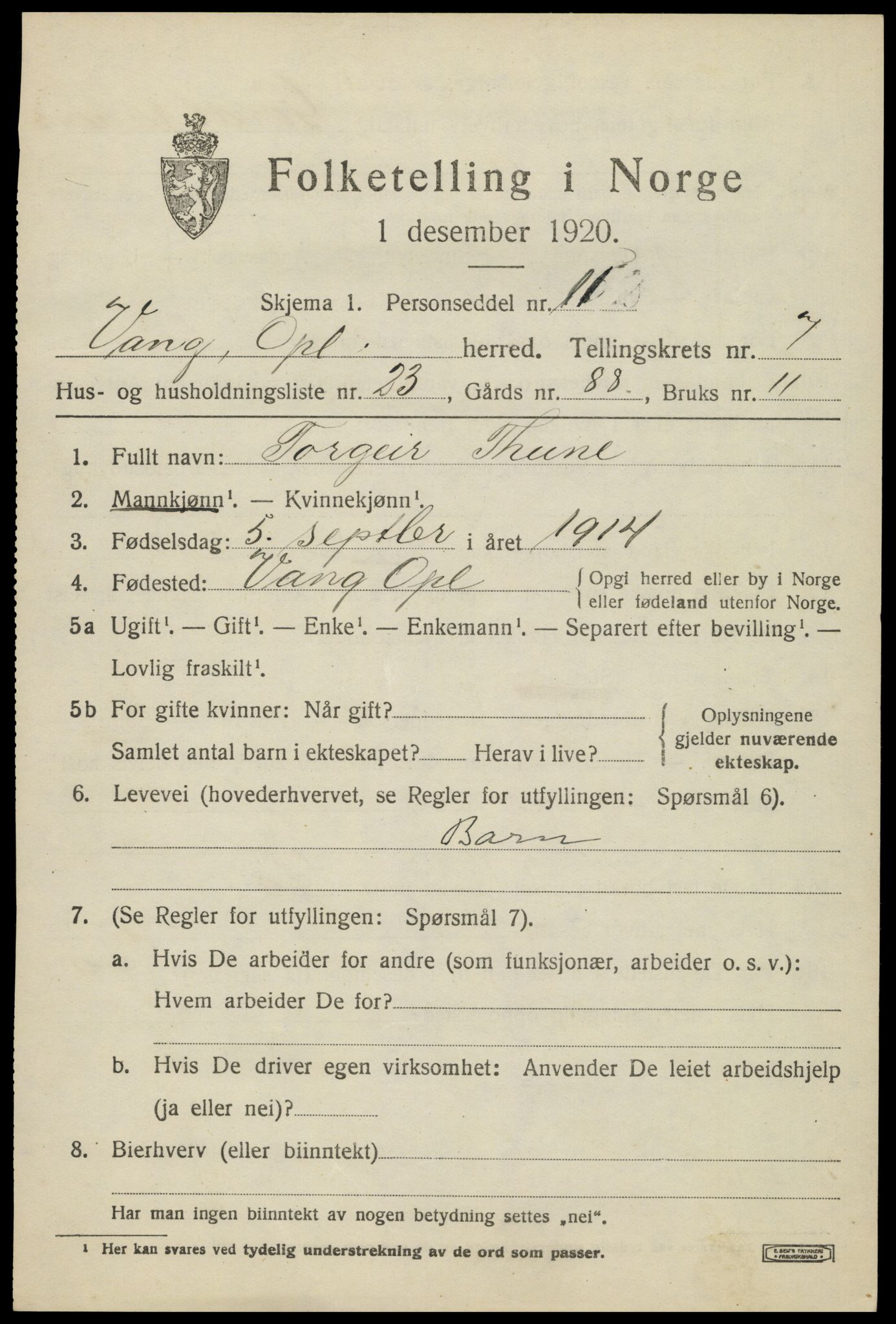 SAH, 1920 census for Vang (Oppland), 1920, p. 3385