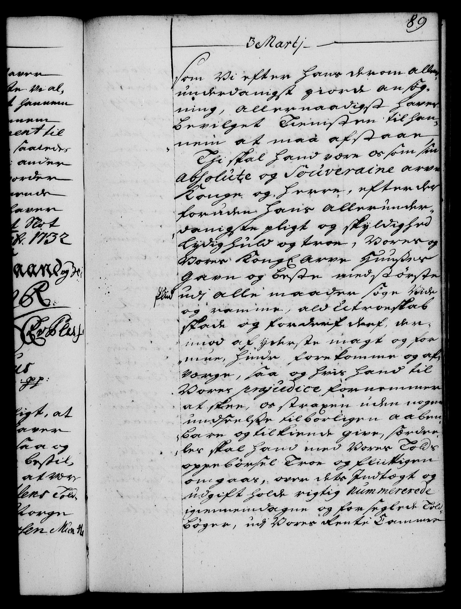 Rentekammeret, Kammerkanselliet, RA/EA-3111/G/Gg/Gge/L0002: Norsk bestallingsprotokoll med register (merket RK 53.26), 1730-1744, p. 89