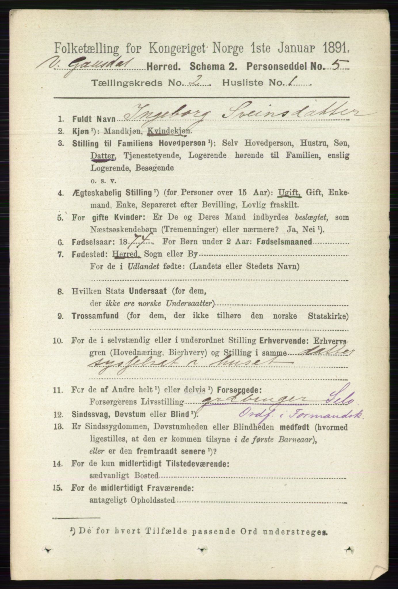 RA, 1891 census for 0523 Vestre Gausdal, 1891, p. 513