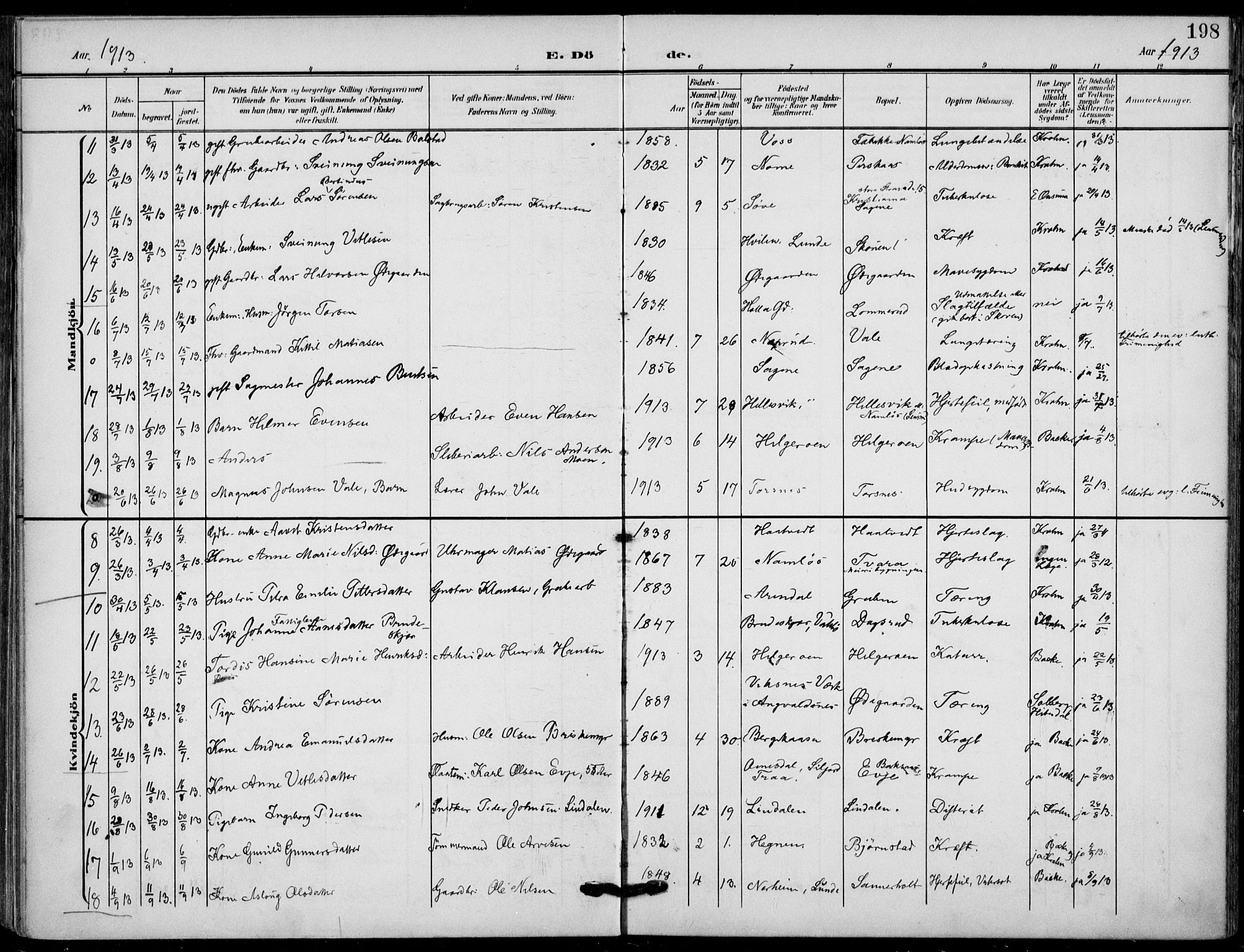 Holla kirkebøker, AV/SAKO-A-272/F/Fa/L0012: Parish register (official) no. 12, 1907-1923, p. 198